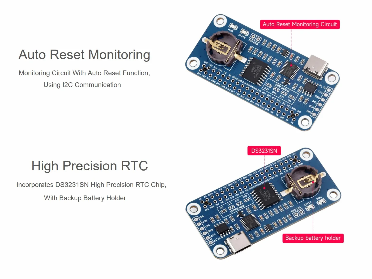 RTC WatchDog HAT per Raspberry Pi 4B/3B+/3B/2B/Zero W/Zero WH/Zero 2W/Jetson Nano, chip RTC ad alta precisione DS3231SN integrato, orologio in tempo reale, watchdog, monitoraggio reset automatico,