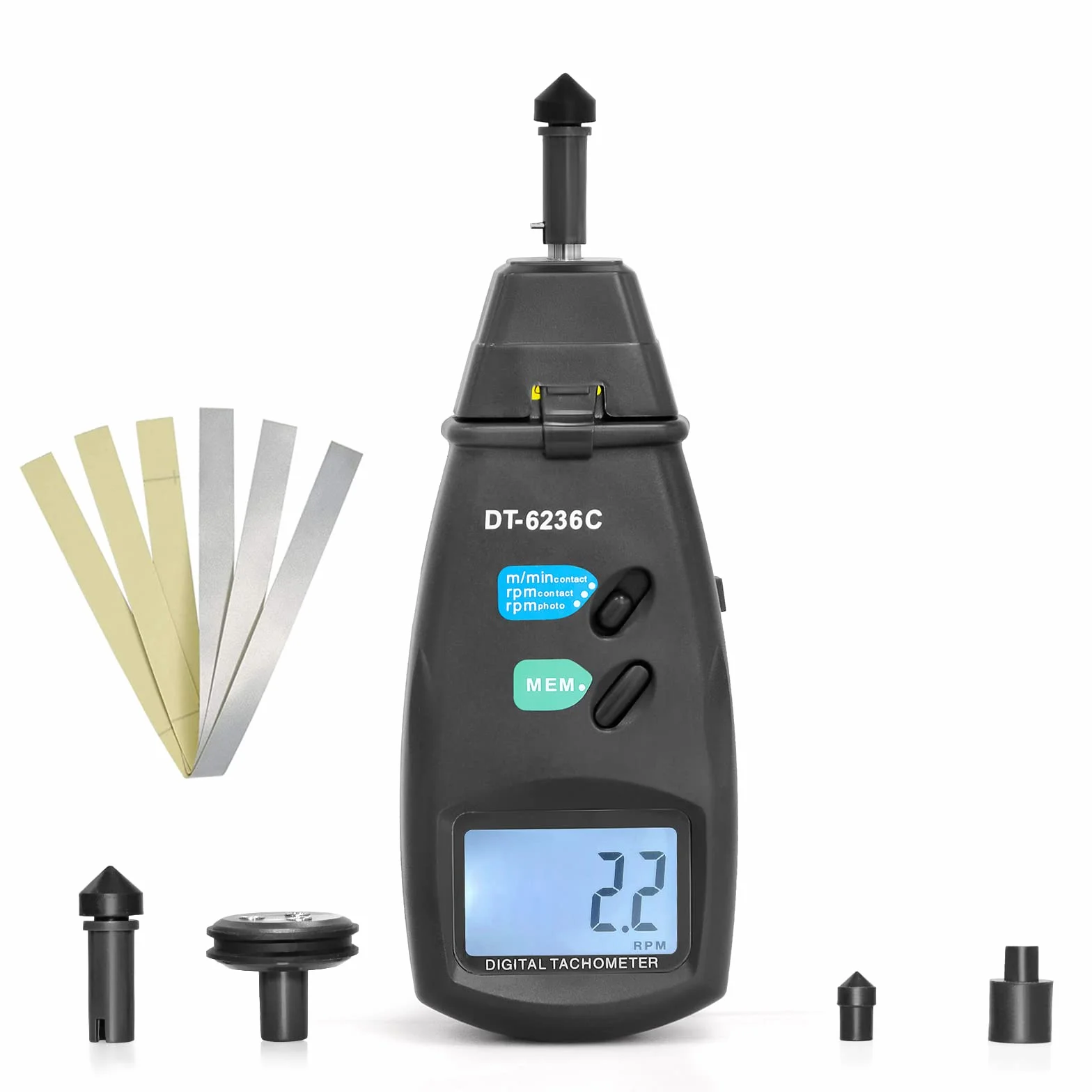 Tachimetro digitale tachimetro fotografico laser, tachimetro a contatto GR-6236C con funzioni di blocco dati Max/Min/AVG Misuratore velocità di rotazione fotografico con nastro riflettente
