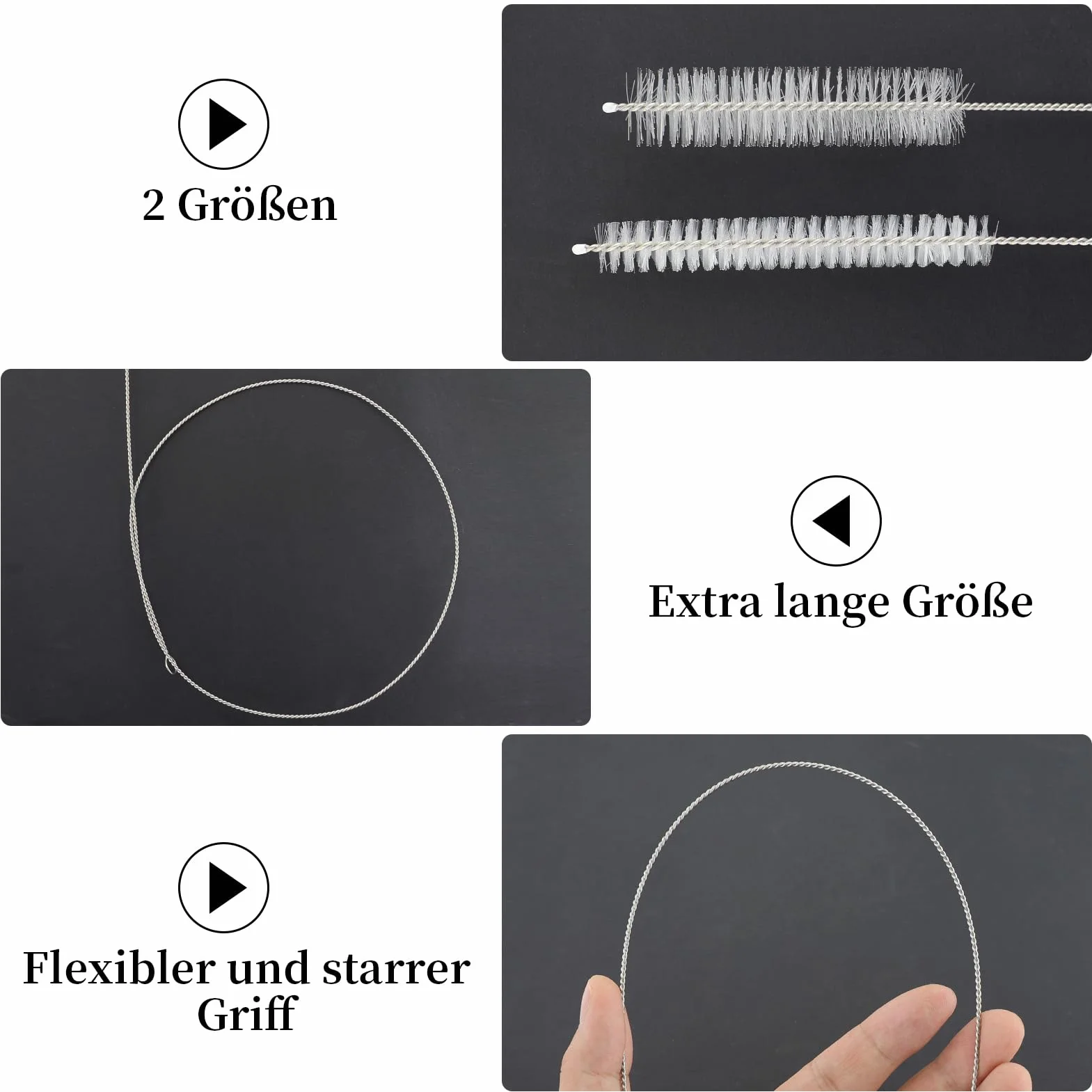 4 spazzole per tubo, spazzola per la pulizia in acciaio inox, 1 m, spazzola per bottiglie, spazzola extra lunga, spazzola per tubo di paglia, tubo, bottiglie, scarico frigorifero