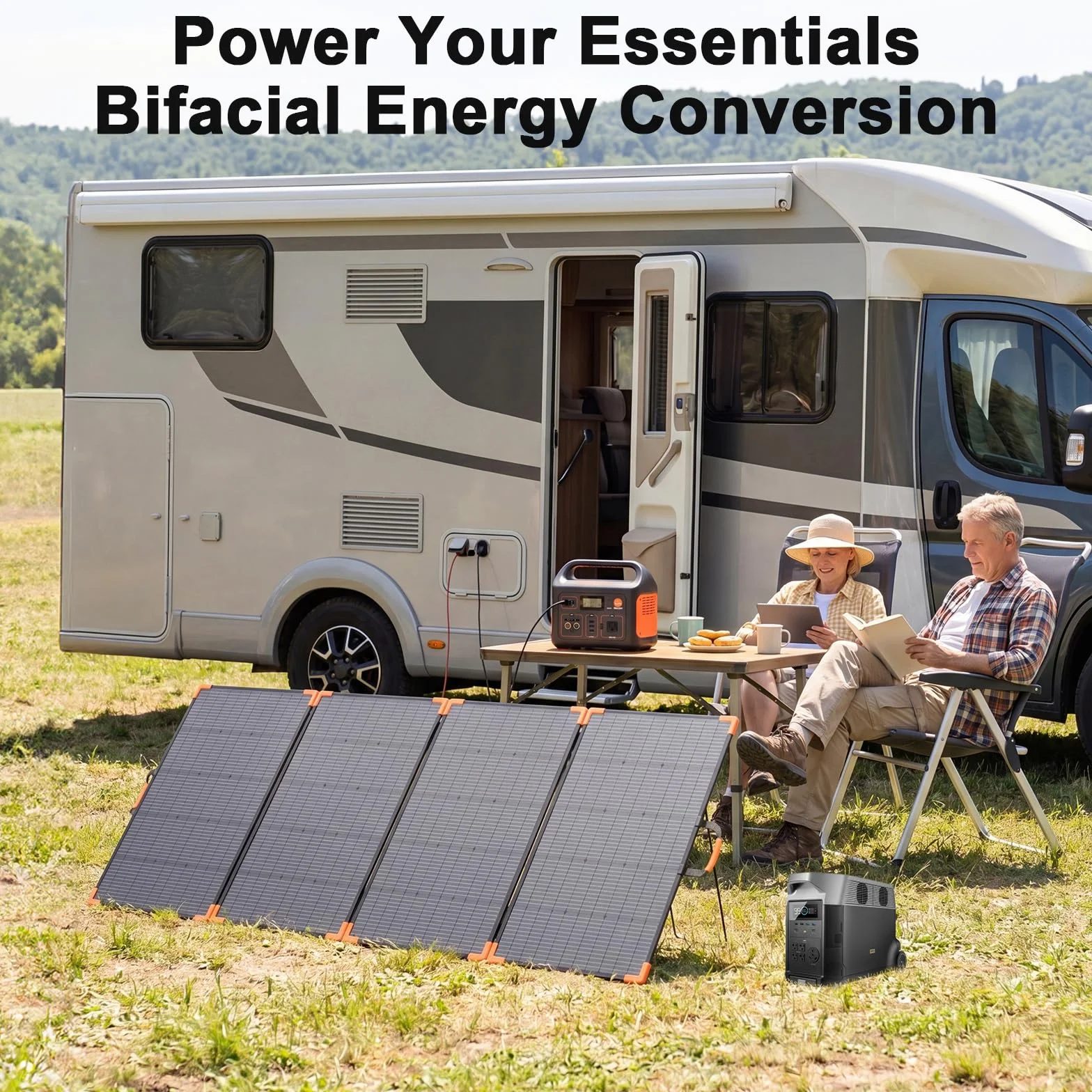 Pannello solare bifacciale portatile da 400 W, caricatore solare pieghevole leggero da 33 V per centrale elettrica, impermeabile IP68, 23,5% ad alta efficienza, con cavalletto regolabile, per
