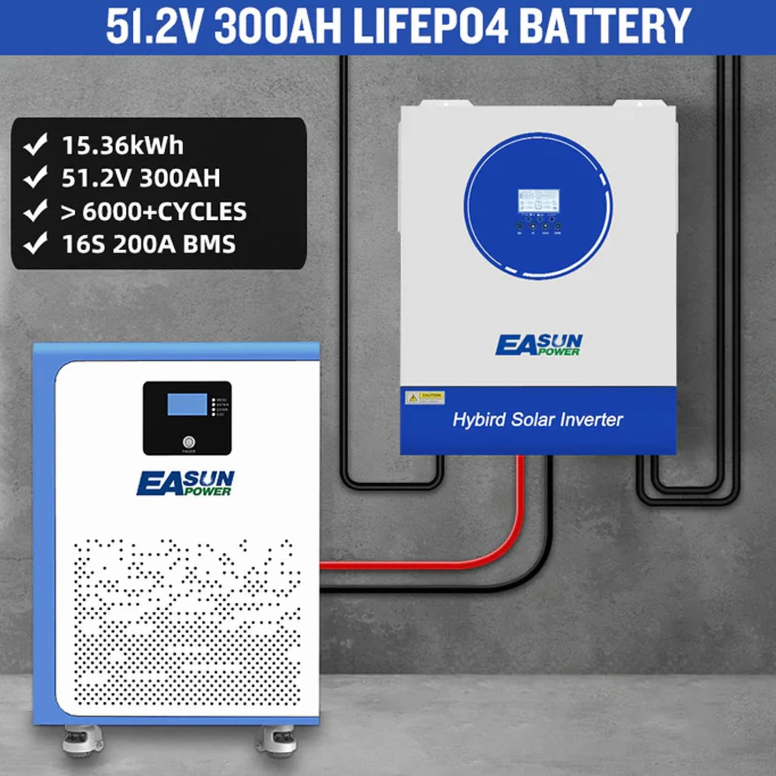 POWLAND 15kWh Batteria al Litio 48V per Fotovoltaico | 300Ah 51.2V LiFePO4 6000+ Cicli | Batteria da Pavimento con BMS di Sicurezza