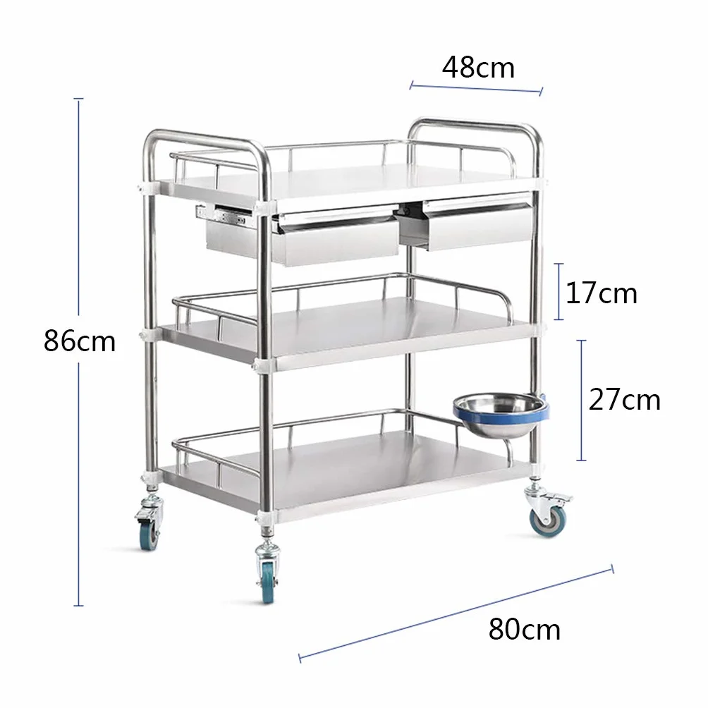 Carrello in Acciaio Inossidabile, Carrello per chirurgia Medica Dentale, Carrello per apparecchiature di Bellezza, Carrello per Infermieristica e medicazione (3 Strati di Doppi cassetti)