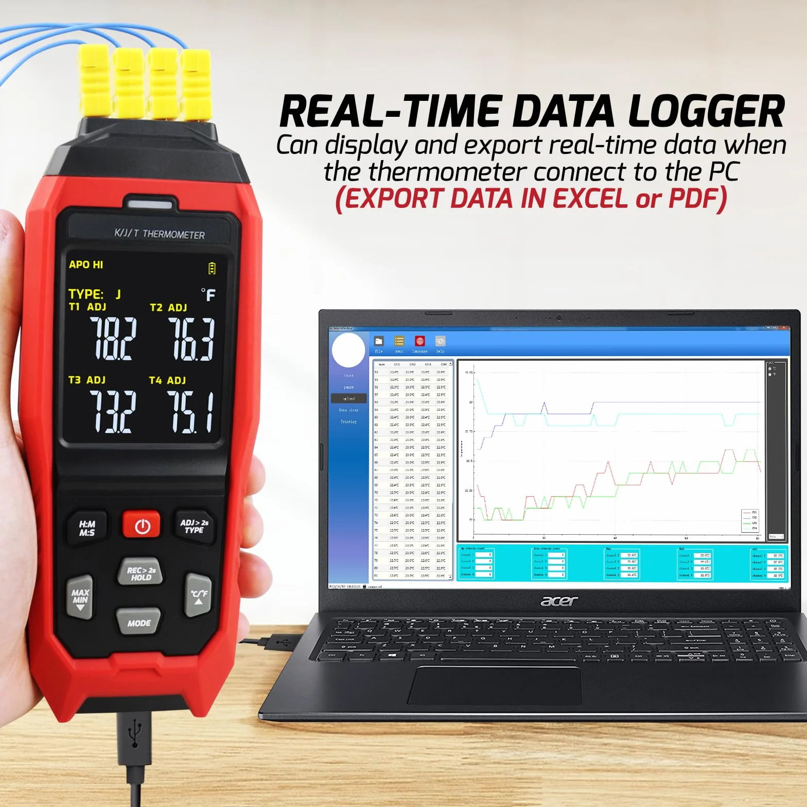 Termometro a Termocoppia Digitale Data Logger 4 Canali tipo K/J/T -200~1372°C Misuratore di Temperatura con Allarme