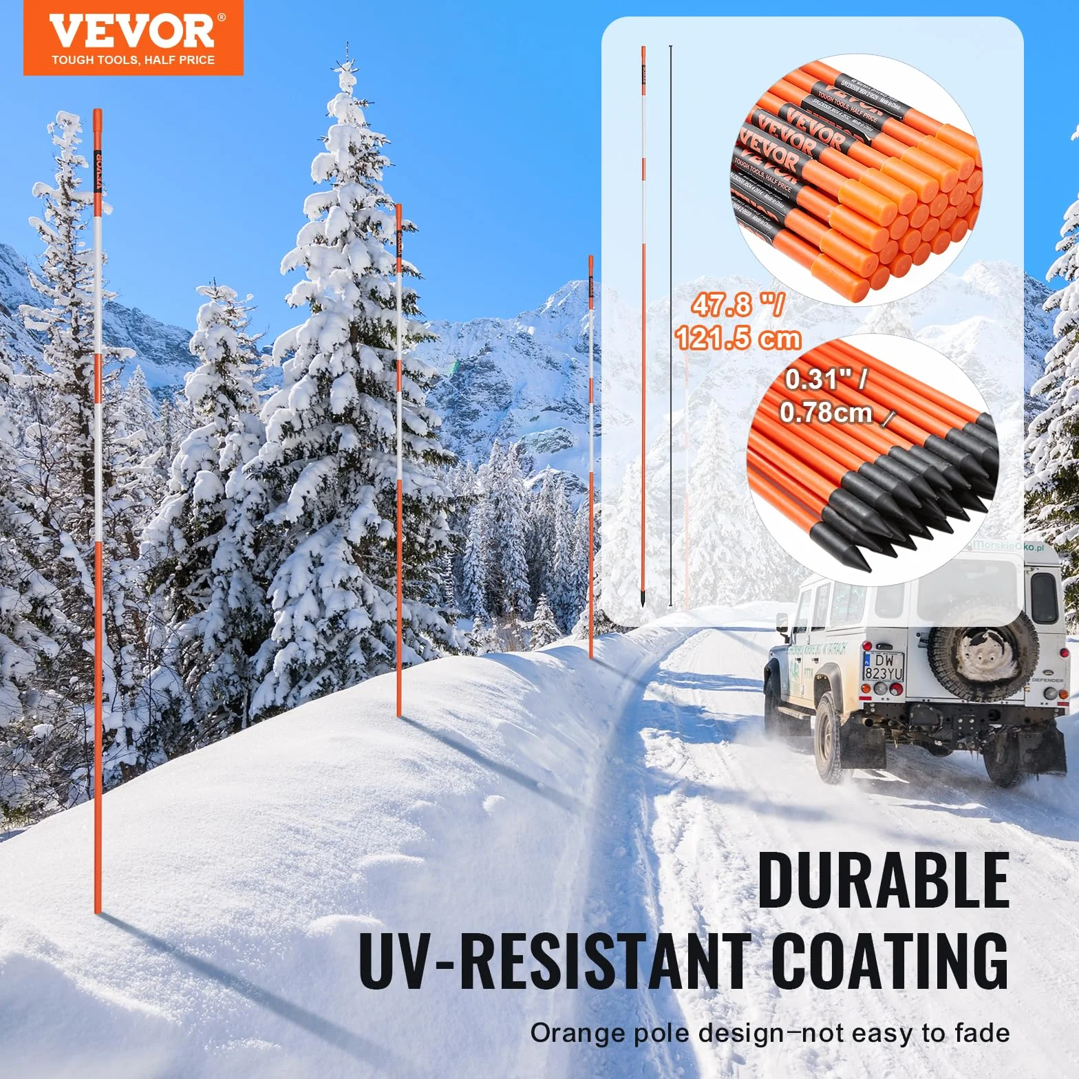 VEVOR Segnalatori per Passo Carrabile, 30 Pezzi 0,78x121,5 cm, Pali Marcatori da Neve in Fibra di Vetro Arancione Pali da Neve con Nastro Riflettente, Striscia Riflettente ad Alta Visibilità 121,5 cm