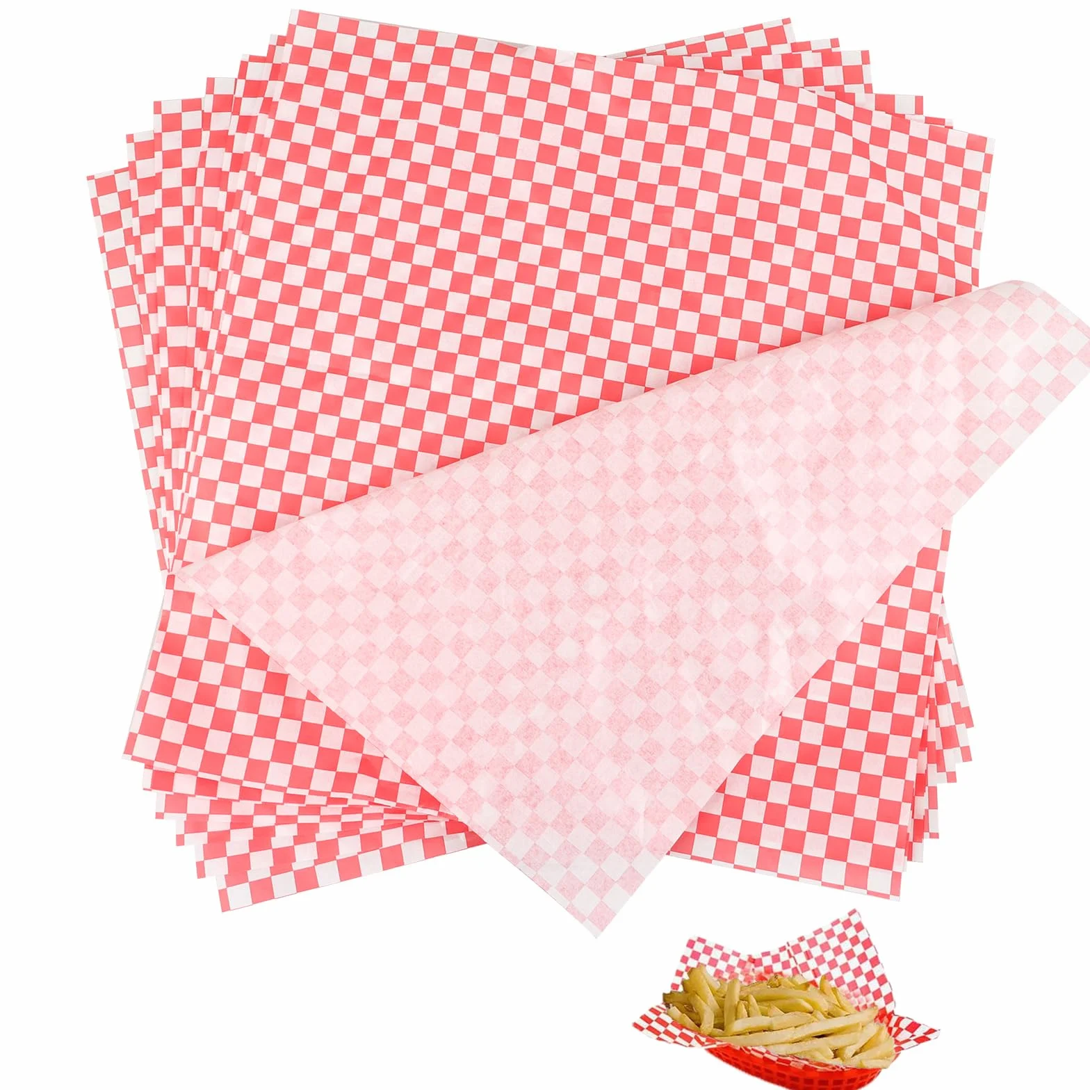 DAJAVE 500 fogli di carta oleata per uso alimentare, colore rosso, a scacchi, a prova di olio, per gastronomia, hamburger, sandwich, torte, patatine fritte (30 x 30 cm)