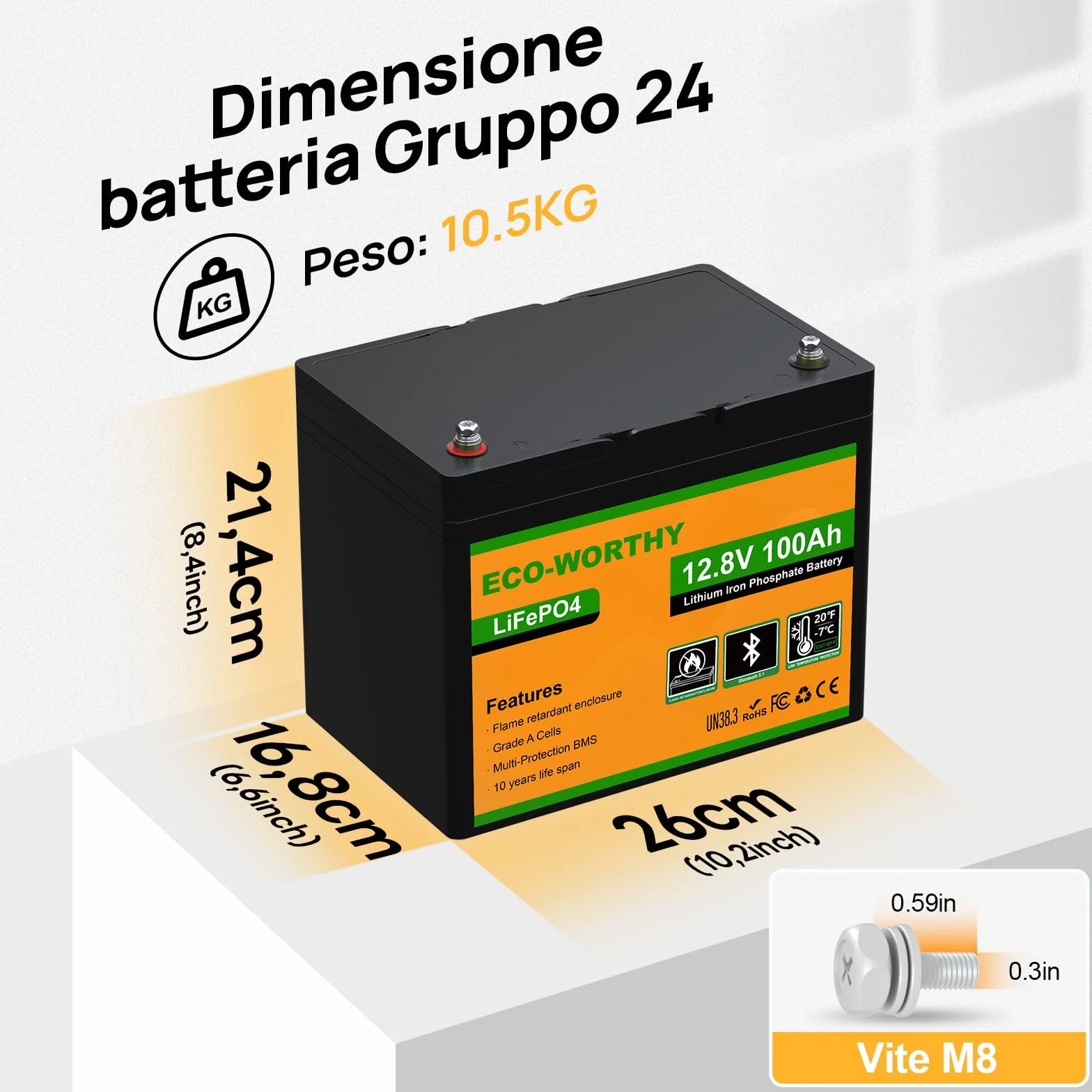 ECO-WORTHY Lifepo4 Batteria al litio Bluetooth 12 V 100 AH, Batteria LiFePO4 con Protezione a Bassa Temperatura, BMS Intelligente, 1280 Wh Energia, per Caravan, Campeggio