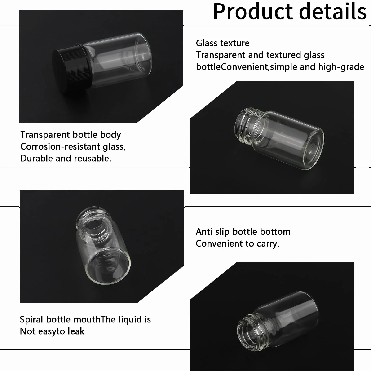 Mini flaconcini trasparenti in vetro 7 ml con tappo a vite nero, contenitori da viaggio per test di laboratorio, confezione da 16