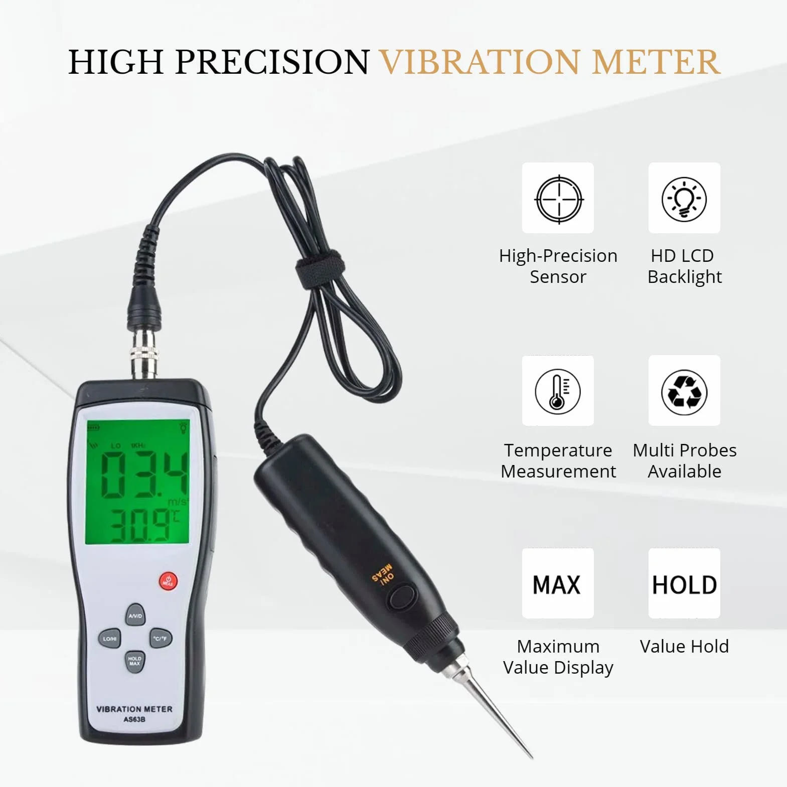 Tester di Vibrazione, Analizzatore di Vibrometro Portatile con Retroilluminazione del Display LCD AS63B, Misuratore di Vibrazione Digitale Vibrometro Ad Alta Sensibilità con Custodia