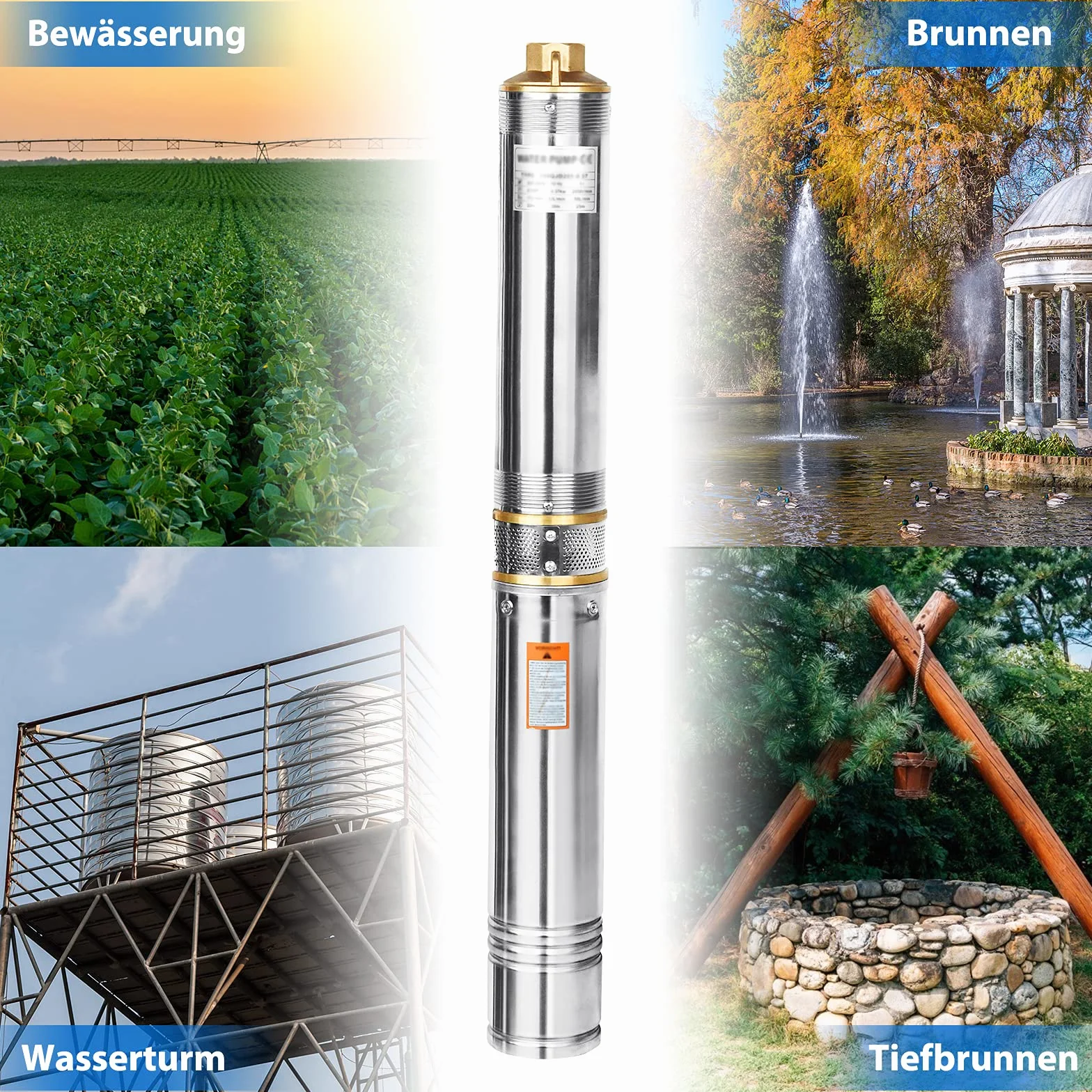 UISEBRT, pompa per pozzo profondo in acciaio inox, 1,1 kW/1,5 CV, portata fino a 4.000 l/h, pompa sommersa 1100 W, compatibile con sabbia, pompa a pressione sommersa