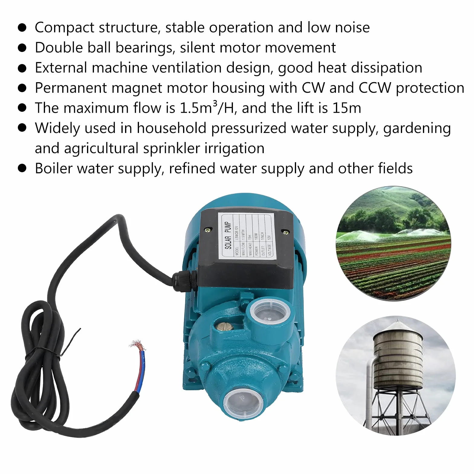 Pompa per Acqua Pulita, 15m 180W DC12V Girante Unipolare Motore Orizzontale a Singola Aspirazione Strumento di Irrigazione per Uso Domestico Pressurizzato