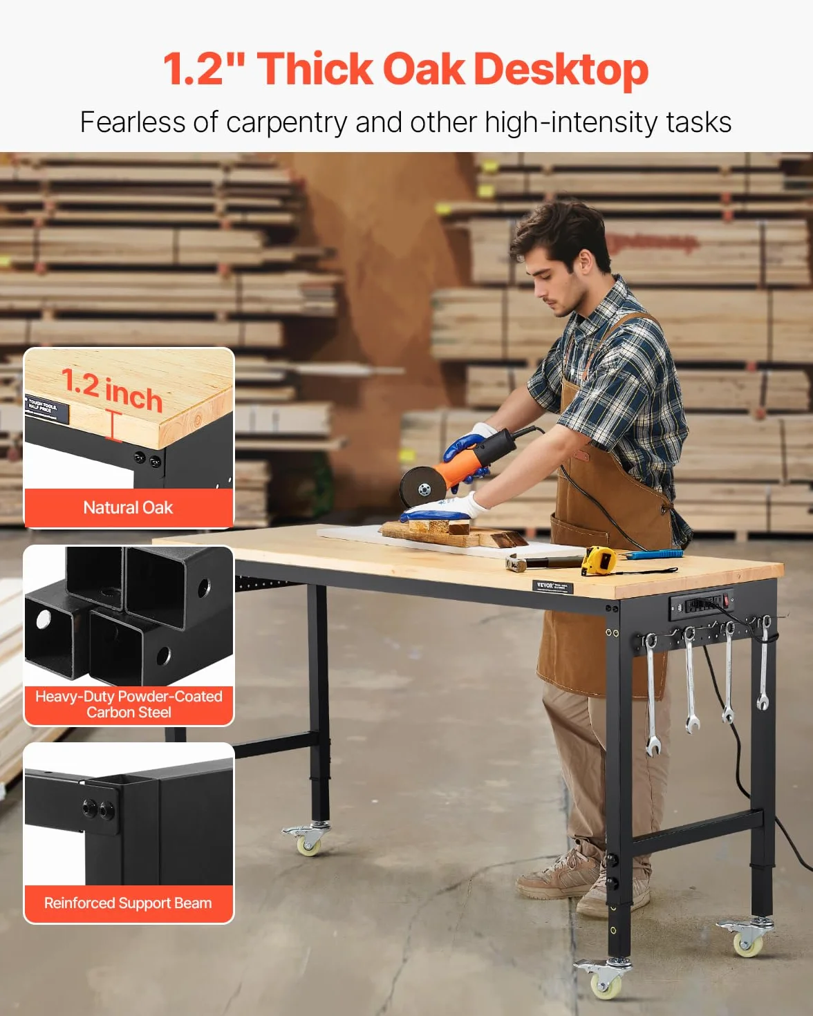 VEVOR Banco da Lavoro Regolabile 1524 mm, Carico 907 kg, Presa di Corrente, Tavolo per Lavoro Porta Attrezzi, Piano in Legno di Quercia per Garage, Officina, Ufficio e Casa
