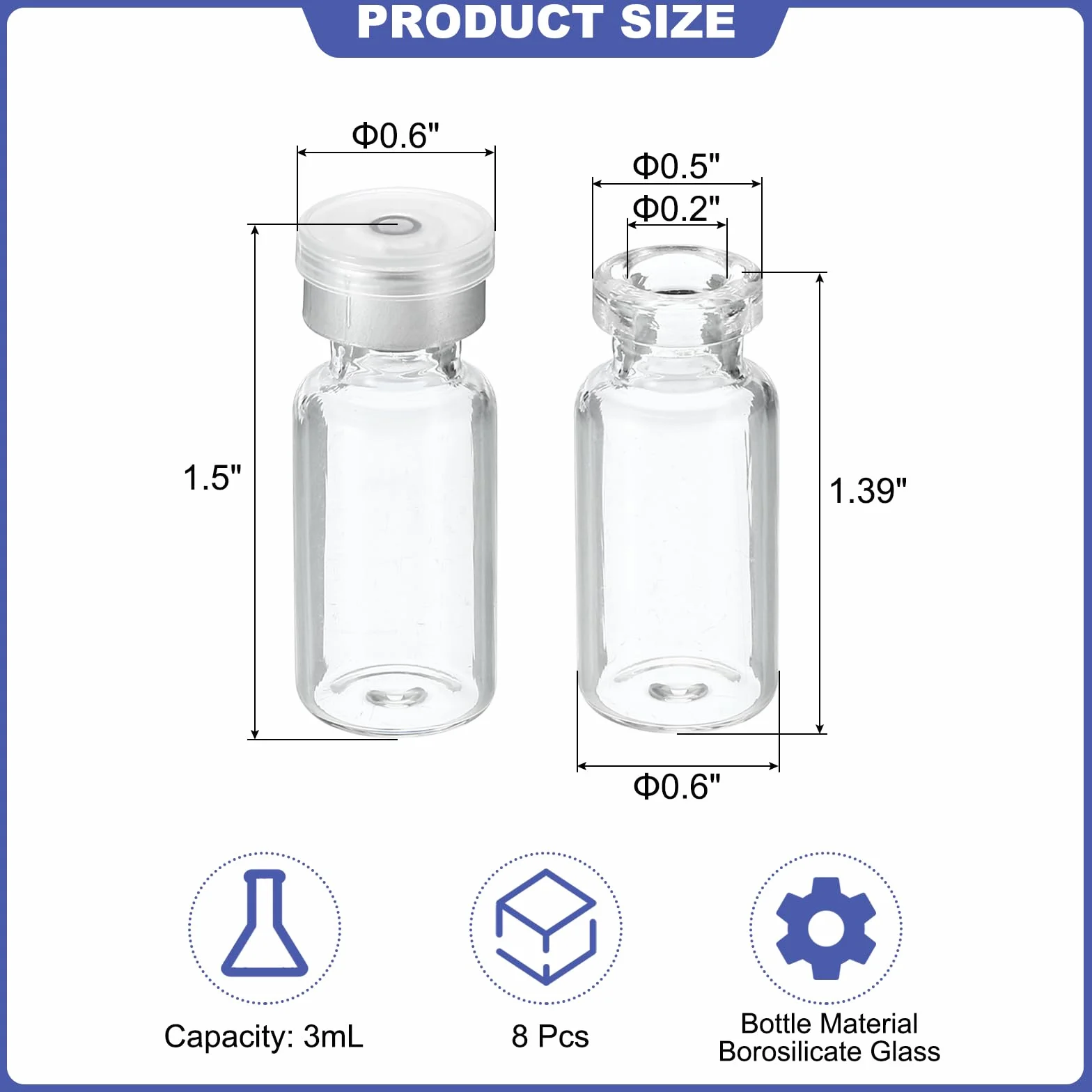 PATIKIL 3ml Fiale Vuote Borosilicato Vetro Laboratorio con Tappo Gomma e Pinze 8 Pacco