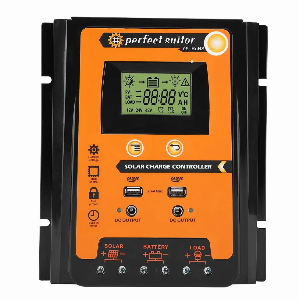 Regolatore di carica solare 12V/24V, Dual USB MPPT Regolatore di carica solare Pannello solare Regolatore batteria Regolatore solare con display LCD.(70A)