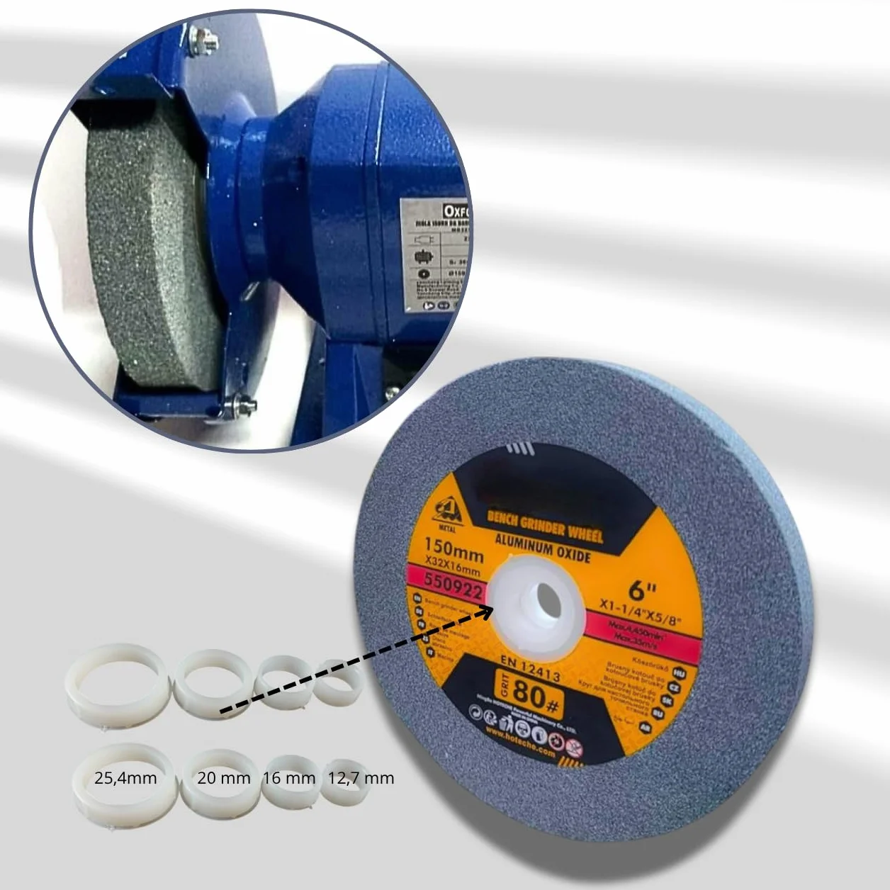Disco Mola Abrasiva per Smerigliatrice da Banco 150x16 mm Grana 80 Set Professionale 4 Anelli di Riduzione 32-12.7mm
