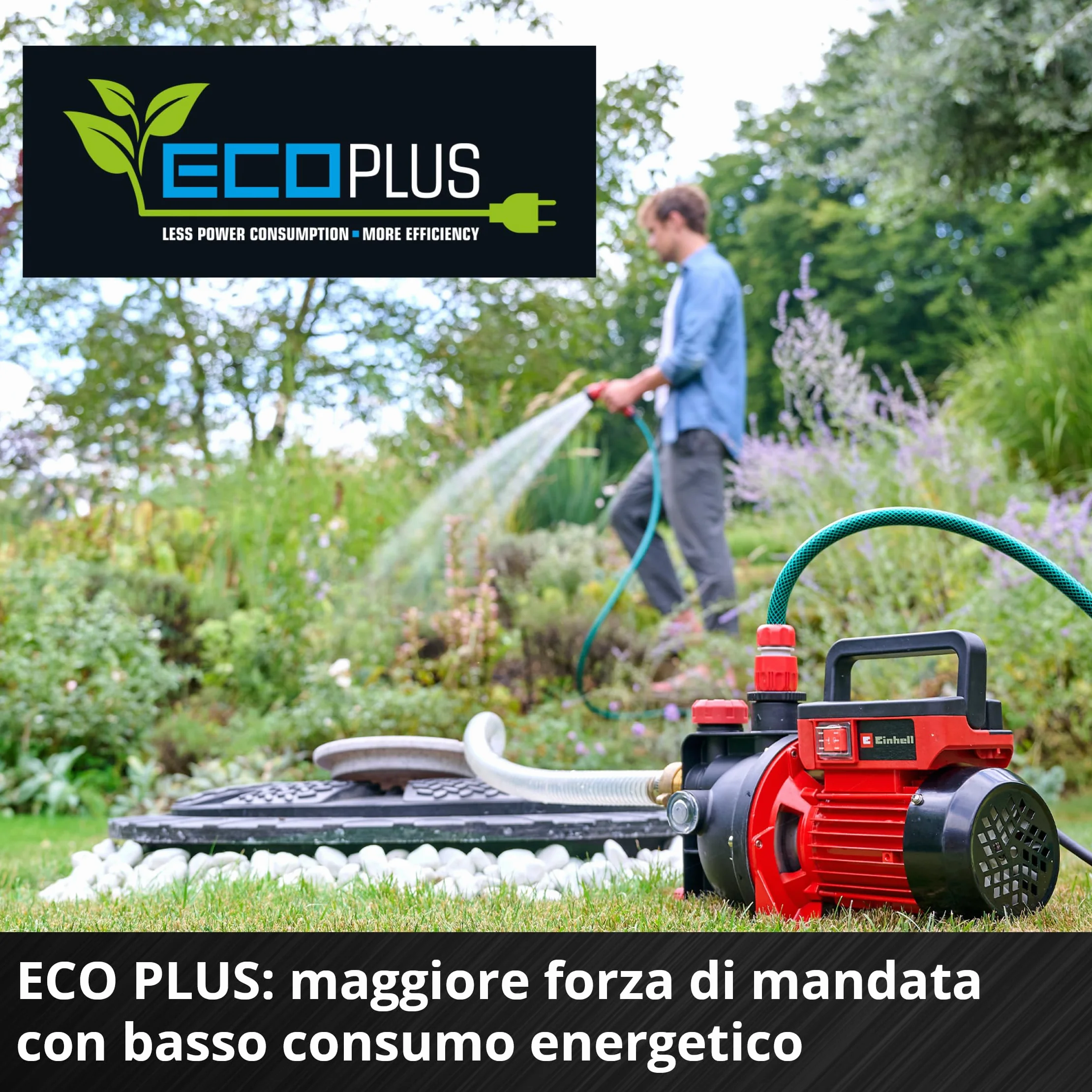 Einhell Pompa da giardino GC-GP 6050 ECO PLUS (portata max. 5000 l/h, prevalenza max. 40 m, tecnologia ECO PLUS, vite di scarico dell'acqua, adattatore universale 33,3 mm incluso)