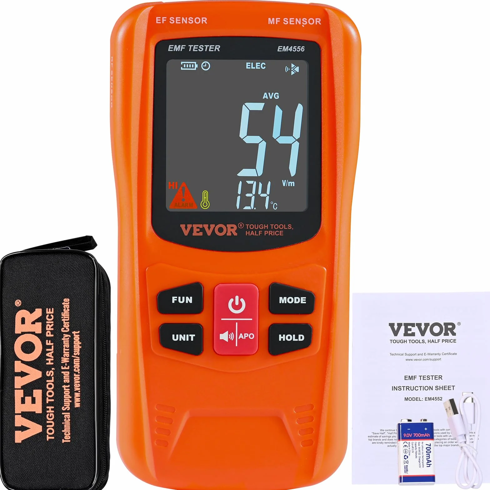 VEVOR Misuratore EMF 5Hz-6GHz, rilevatore di radiazioni di campo elettromagnetico ricaricabile portatile, tester EMF digitale LCD per ispezioni domestiche EF MF RF