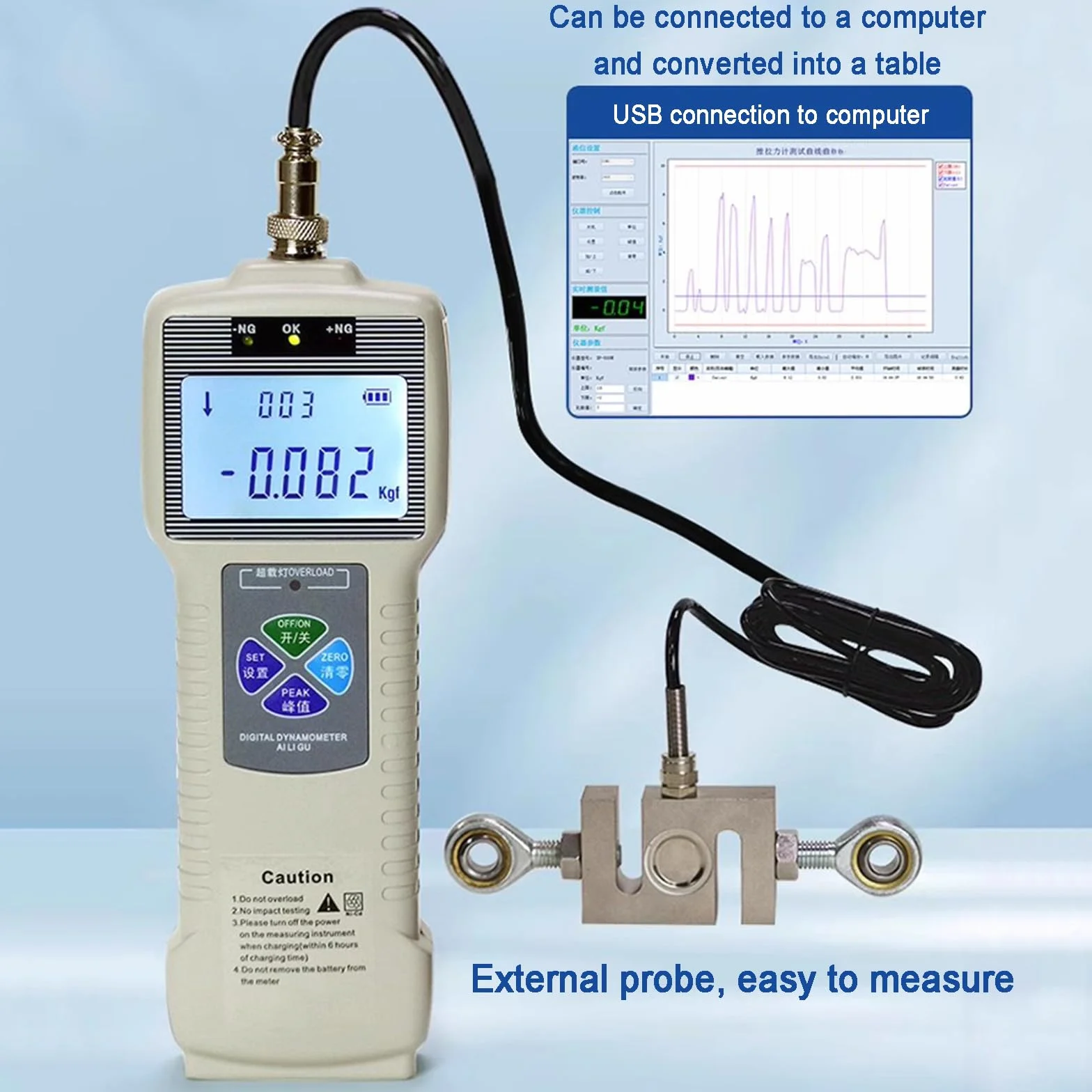 Misuratore di Forza Digitale, Misuratore Push-Pull, con Sensore di Cella di Carico Esterno, con Uscita Dati USB in Tempo Reale/Picco, Ricaricabile, Dinamometro