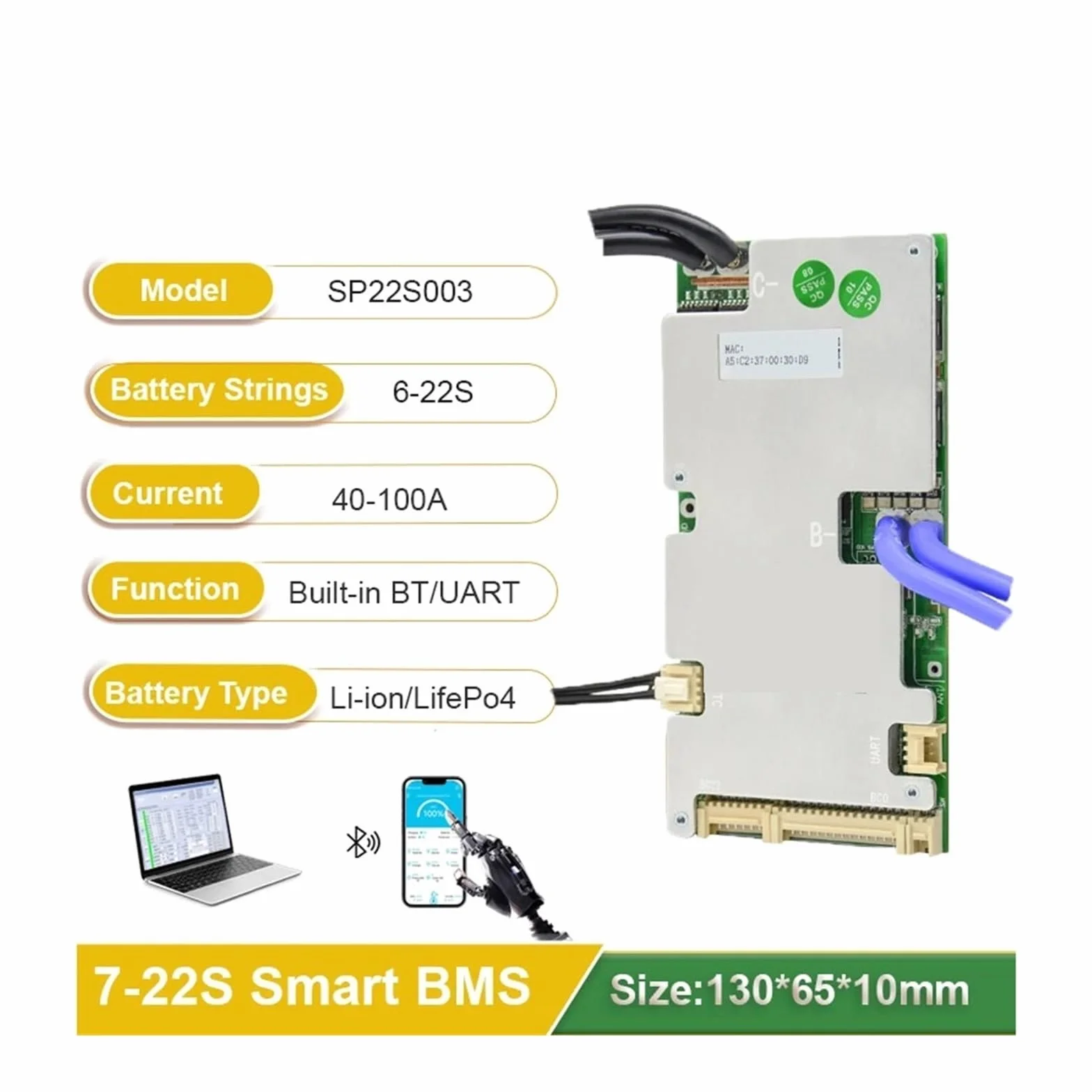 Piastra di protezione della batteria agli ioni di litio Bilanciatore BMS 6S 8S 10S 12S 14S 15S 16S 18S 20S 21S 22S BMS Lifepo4 100A 80A 50A 40A 24V 36V 48V 60V BT integrato con NTC(Li-ion 6-21S,80A UA