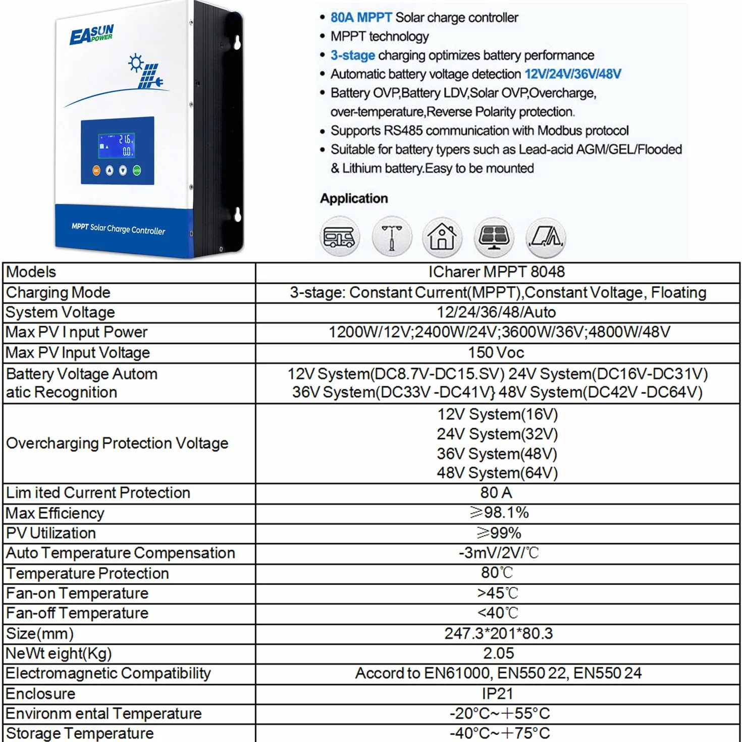 POWLAND Regolatore di carica solare MPPT da 100a, 12V 24V 36V 48V Auto, Ingresso fotovoltaico max 150Vdc, Display LCD, Regolatore di carica per modulo solare per batteria al litio GEL/SEL/FLD