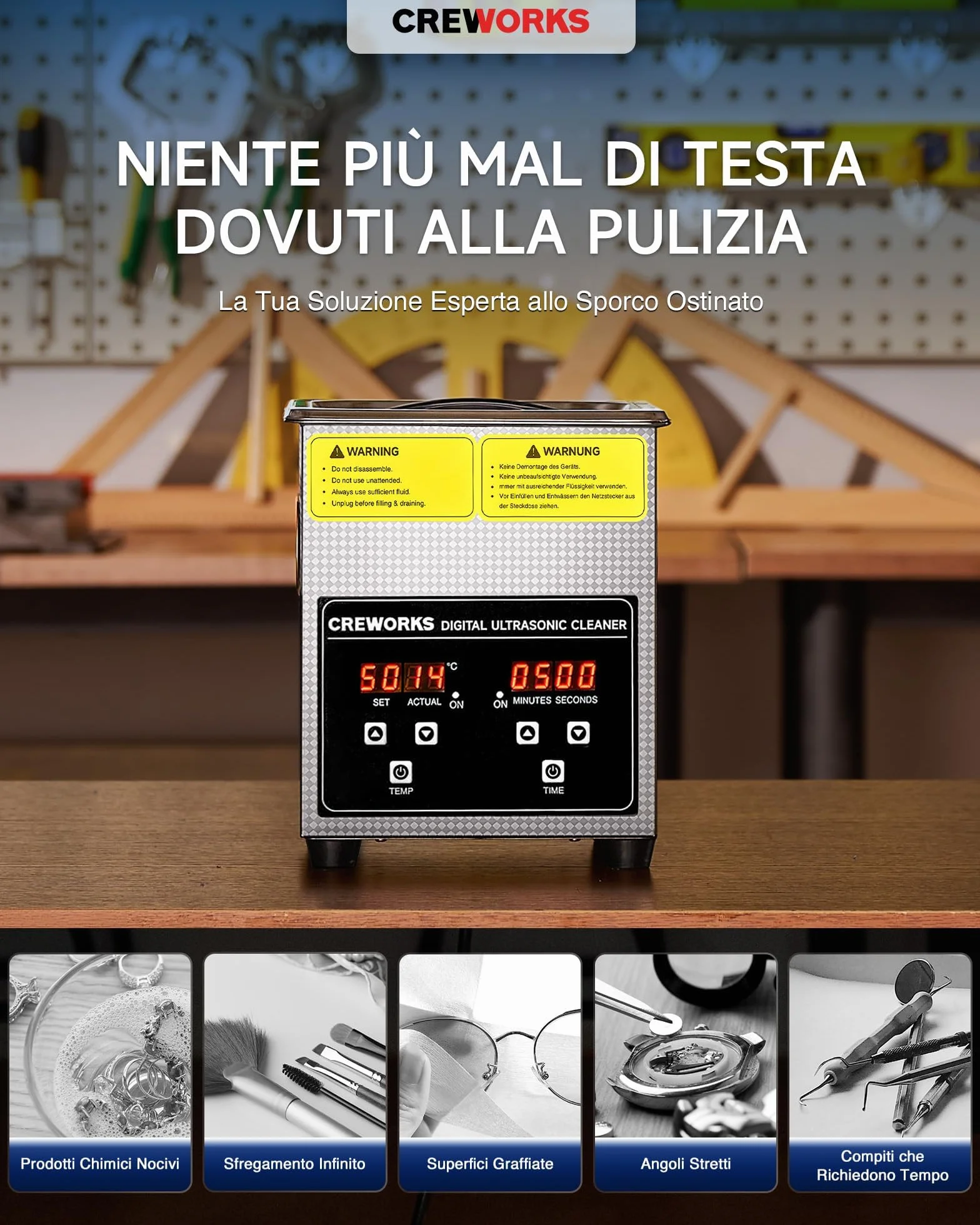 CREWORKS Pulitore a Ultrasuoni 2L Professionale, Lavatrice Ultrasuoni 60W con Riscaldatore 100W e Timer Digitale, Vasca Ultrasuoni in Acciaio Inox SUS304 per Gioielli, Occhiali, Protesi, Monete