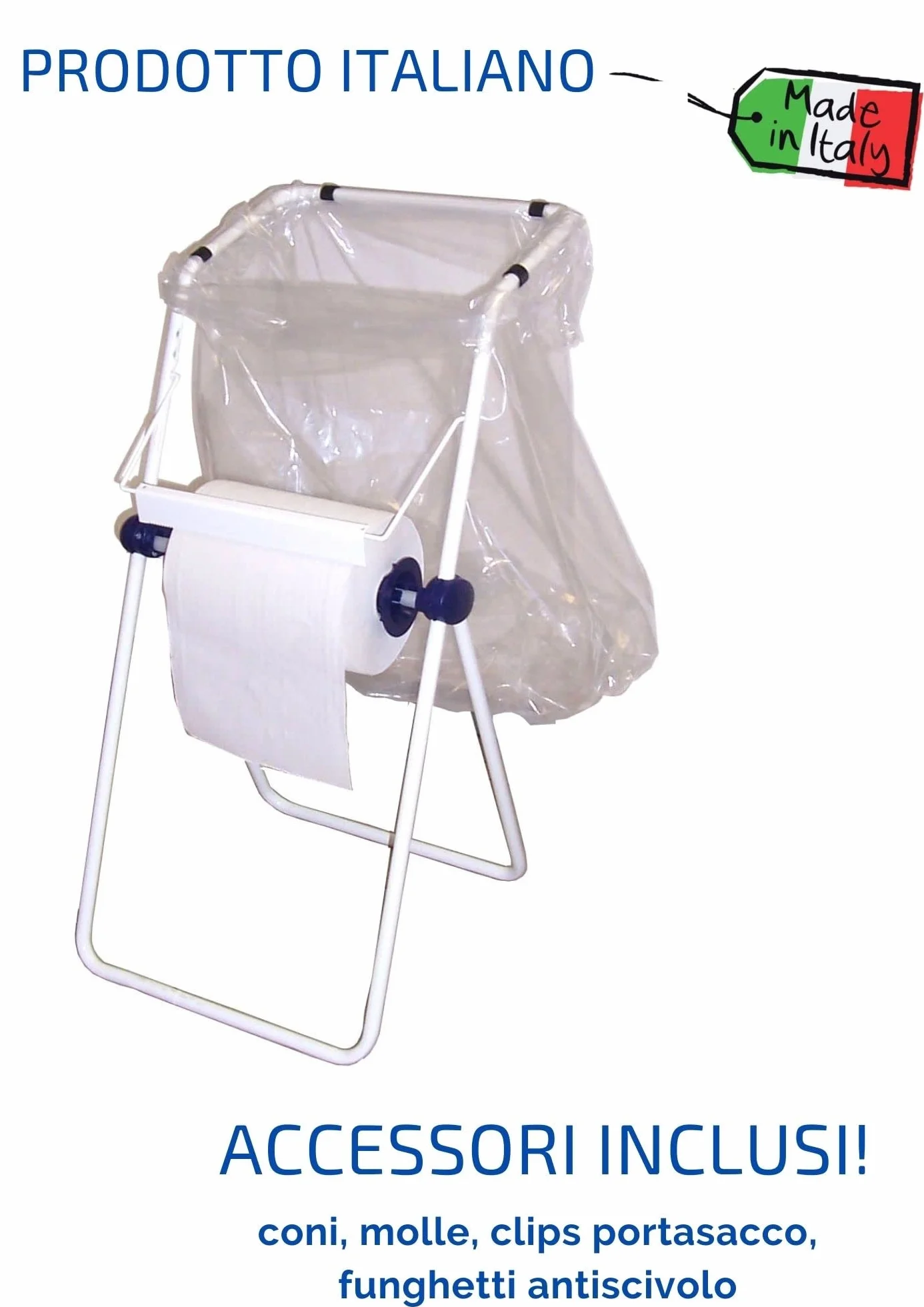 Tecnokit dispenser bobina carta da pavimento acciaio verniciato bianco 45x46x95h con portasacco rotolo e sacchi omaggio