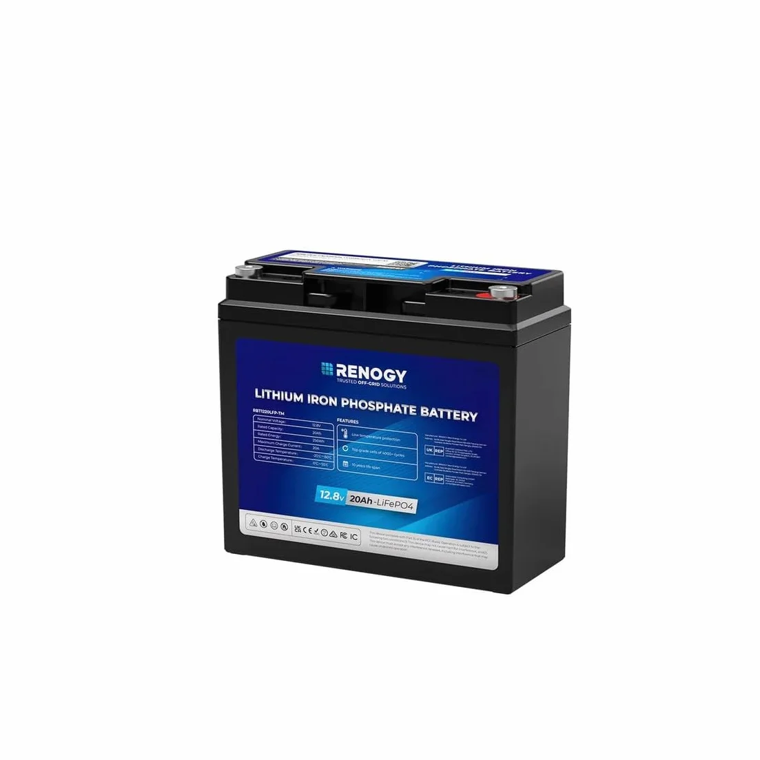 Renogy Batteria al litio LiFePO4 da 12 V, 20 Ah, con protezione BMS, 4000 cicli, batteria solare da 12 V, 20 Ah, per motore da traino, cabine, camper, IP65