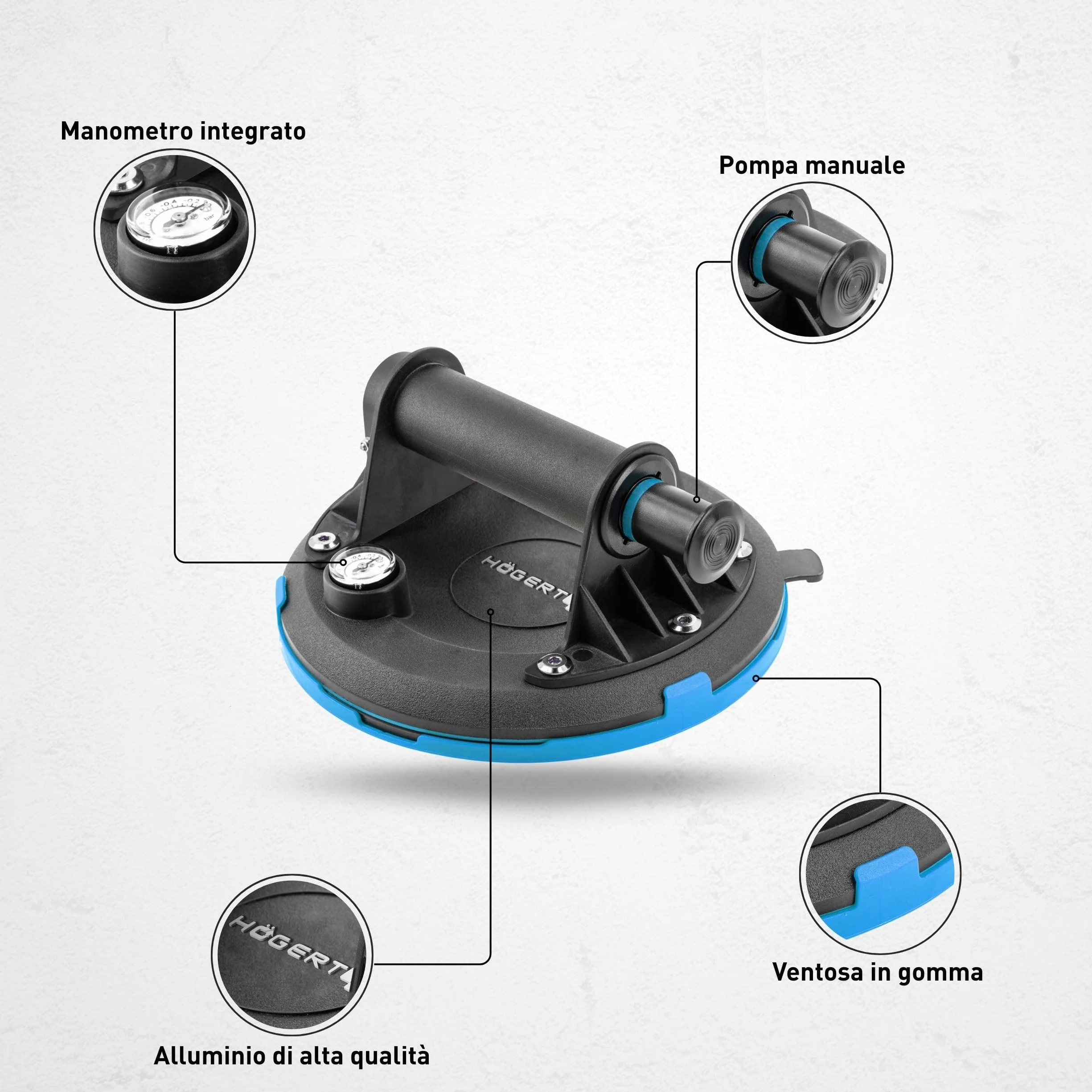 Högert Technik - Tazza a mano da 200 mm con manometro | Carico massimo: 190 kg | Aspiratore manuale | Ventosa resistente | La ventosa viene utilizzata per il trasporto di vetri della finestra, oggetti