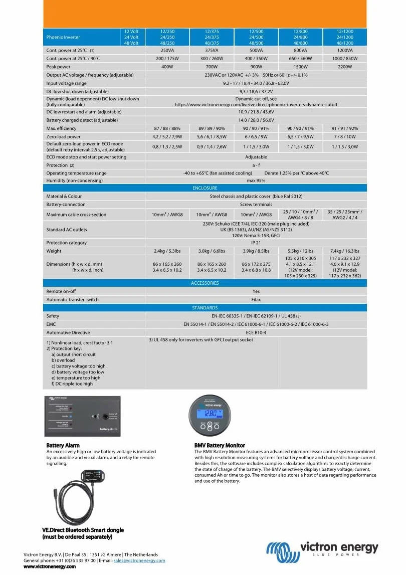 Victron Energy Phoenix 500 VA 12 Volt 230 V AC inverter onda sinusoidale pura (Regno Unito)