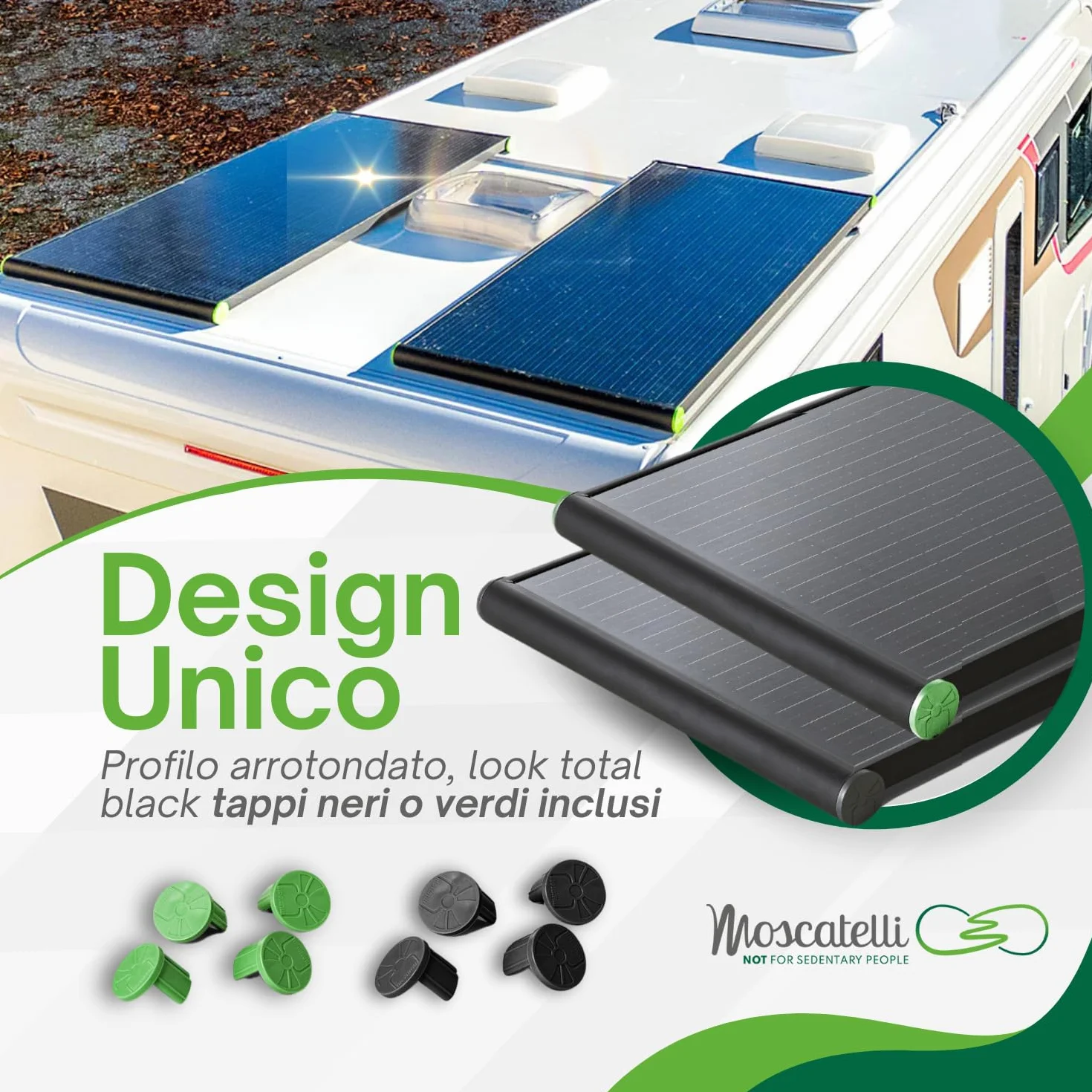 MOSCATELLI Pannello Solare Camper 240W Black Boost Monocristallino PERC Kit Pannello Solare per Camper con Profilo integrato in Alluminio Nero per fissaggio al tetto - SENZA REGOLATORE