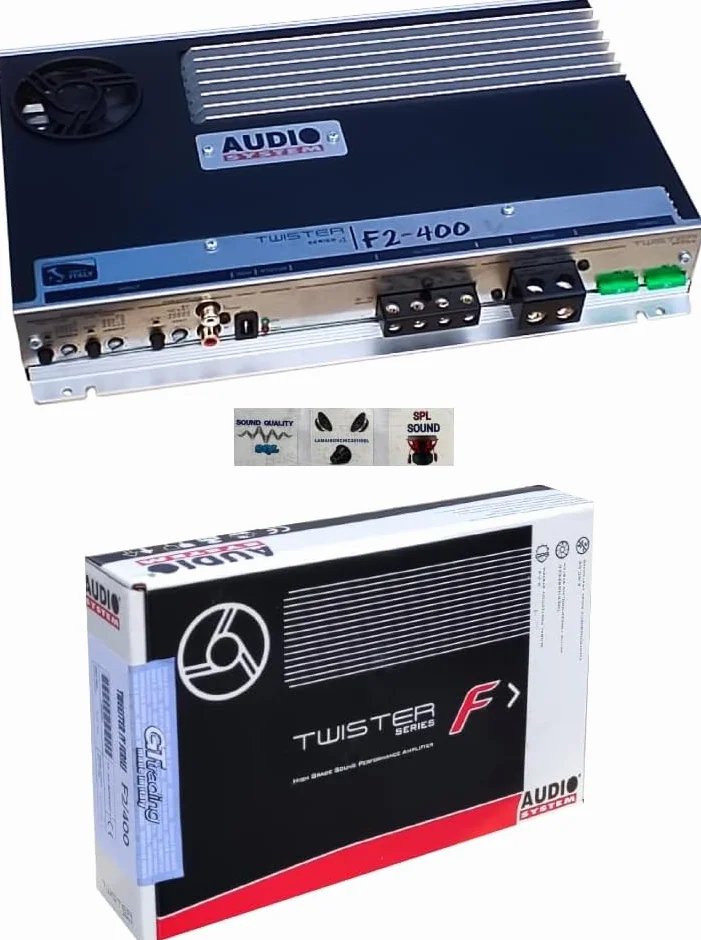 KIT SET PER AUDIO SYSTEM F2-400, 1 amplificatore 2 canali 2 x 280 watt rms a 2 ohm, spl, bagagliaio, cofano, auto, 1 pezzo + 3 sticker omaggio