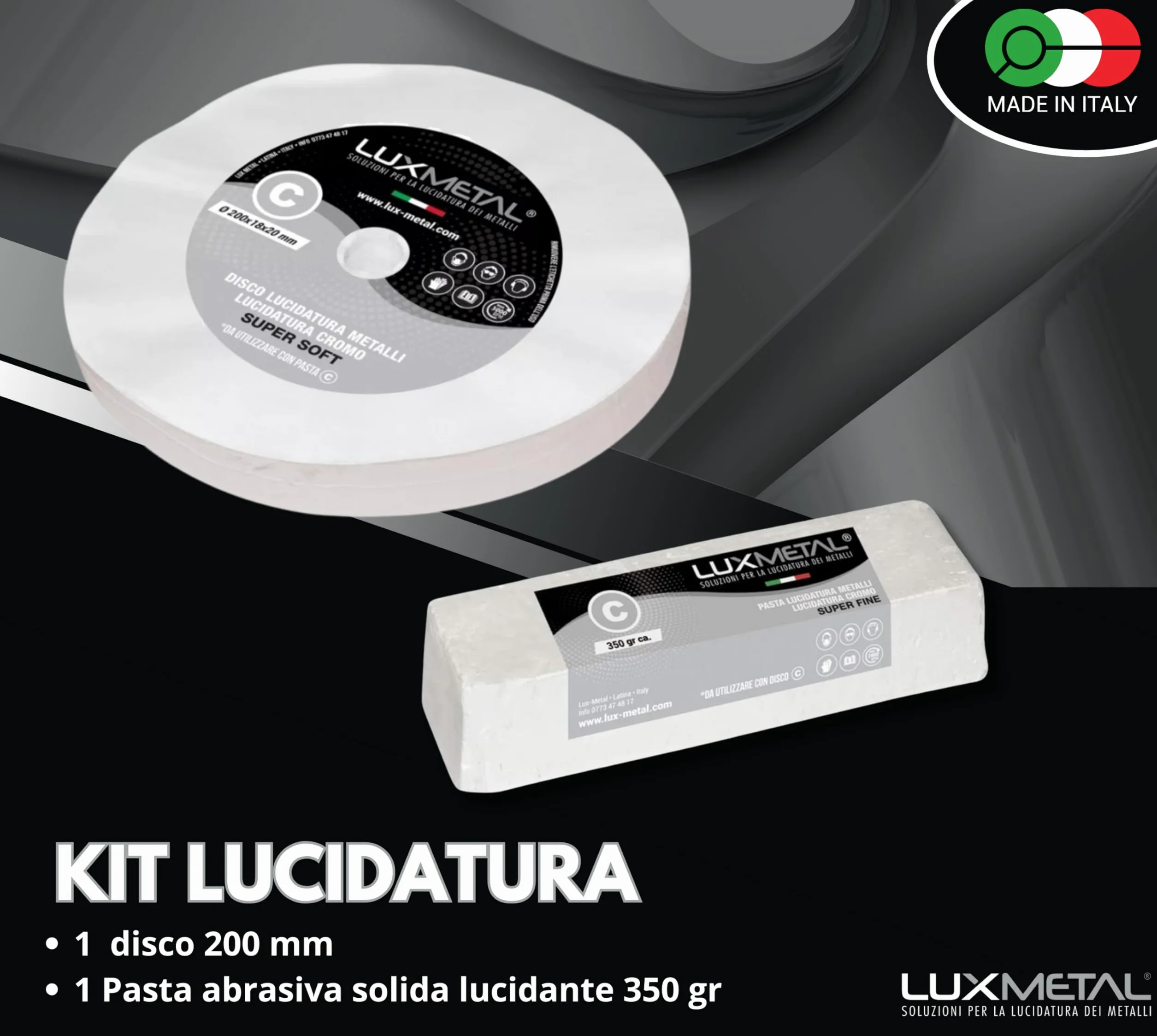Lux Metal Kit 1 Pasta Abrasiva Lucidante 350 gr e 1 Disco Lucidatura in cotone 200 mm (S-Fine) Per Lucidare Metalli Acciaio Inox Alluminio Ferro Lucida Cromature Plexiglass Marmo Ottone Rame Plastica