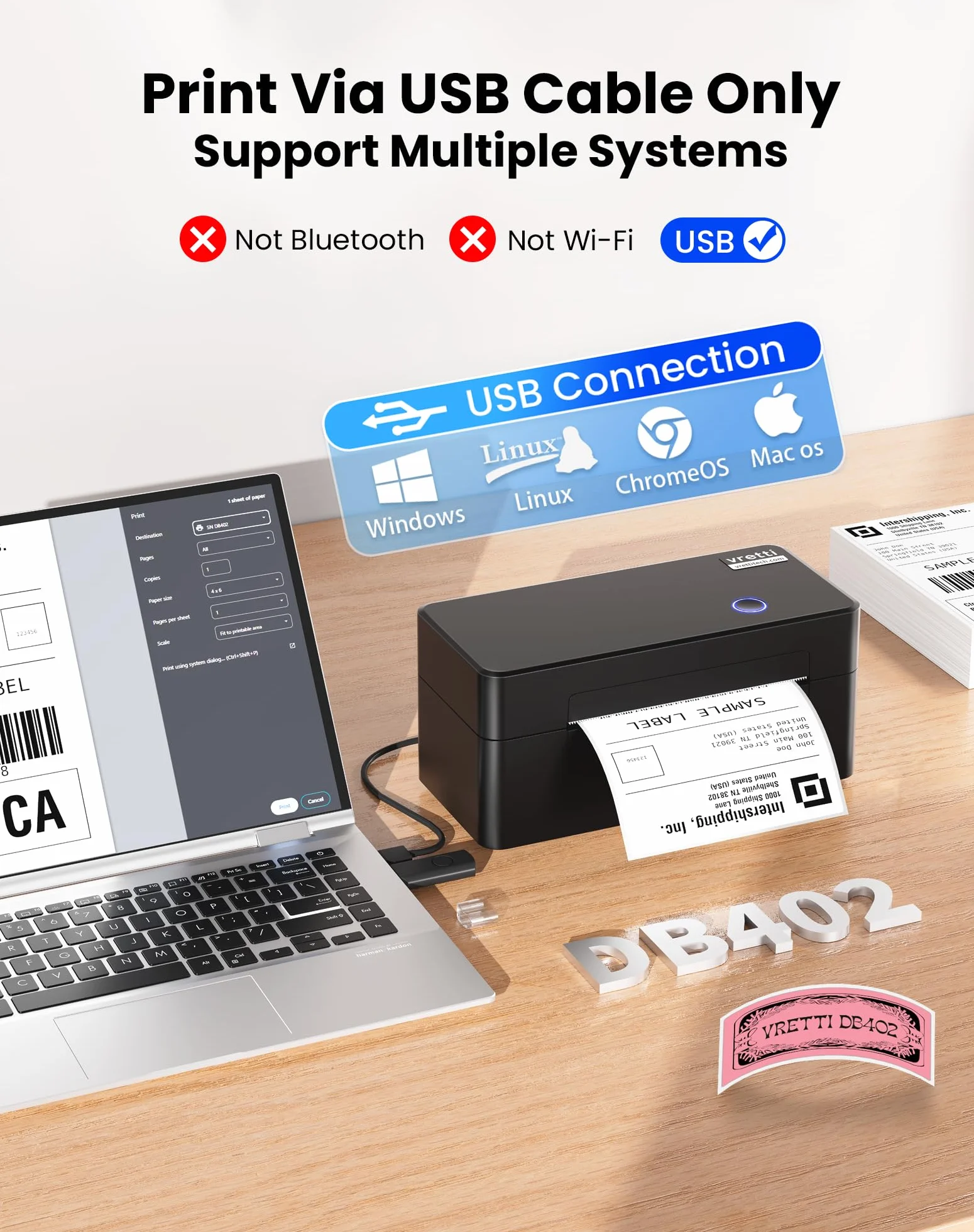 vretti Stampante termica per etichette USB, D402B Stampante per etichette di spedizione Macchina 4x6 per la spedizione di pacchetti,Compatibile con Amazon, DHL, Etsy, Shopify, eBay, UPS & FedEx