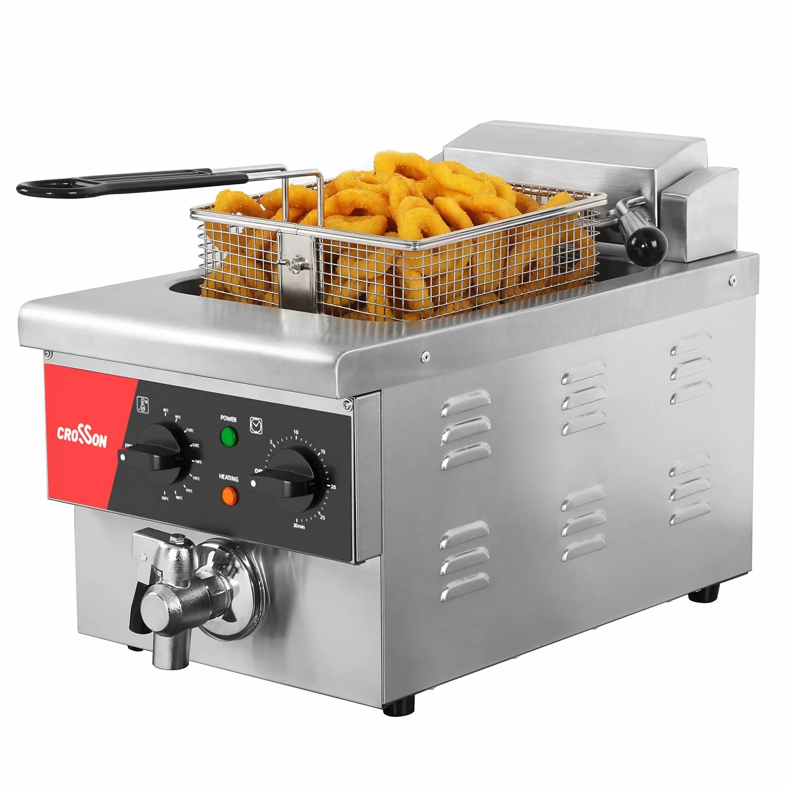 CROSSON Friggitrice Commerciale 6 Litri,Friggitrice Elettrica ad Olio da Inox 3000W con Coperchio,con Rubinetto di Scarico,Controllo Tempo e Temperatura 80-200°C,per Cucina Ristorante