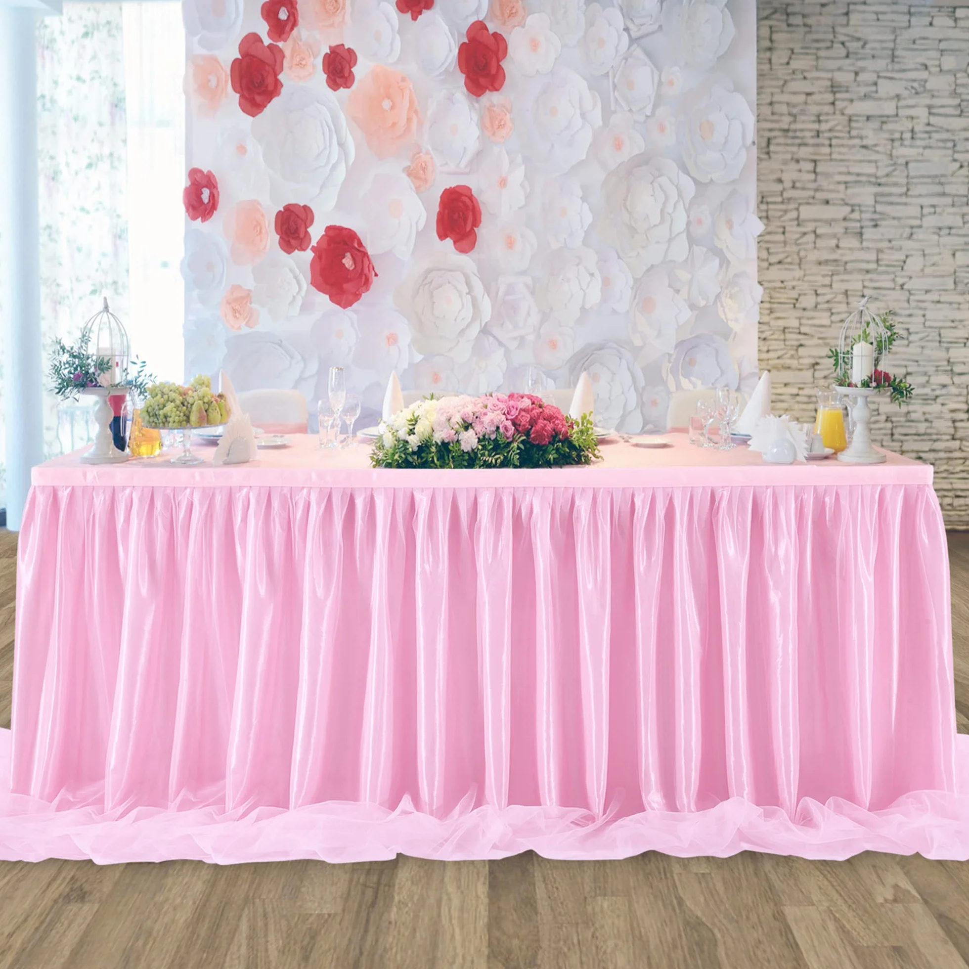 HBBMAGIC gonna da tavolo in tulle rosa baby 275 cm con volant lavabile
