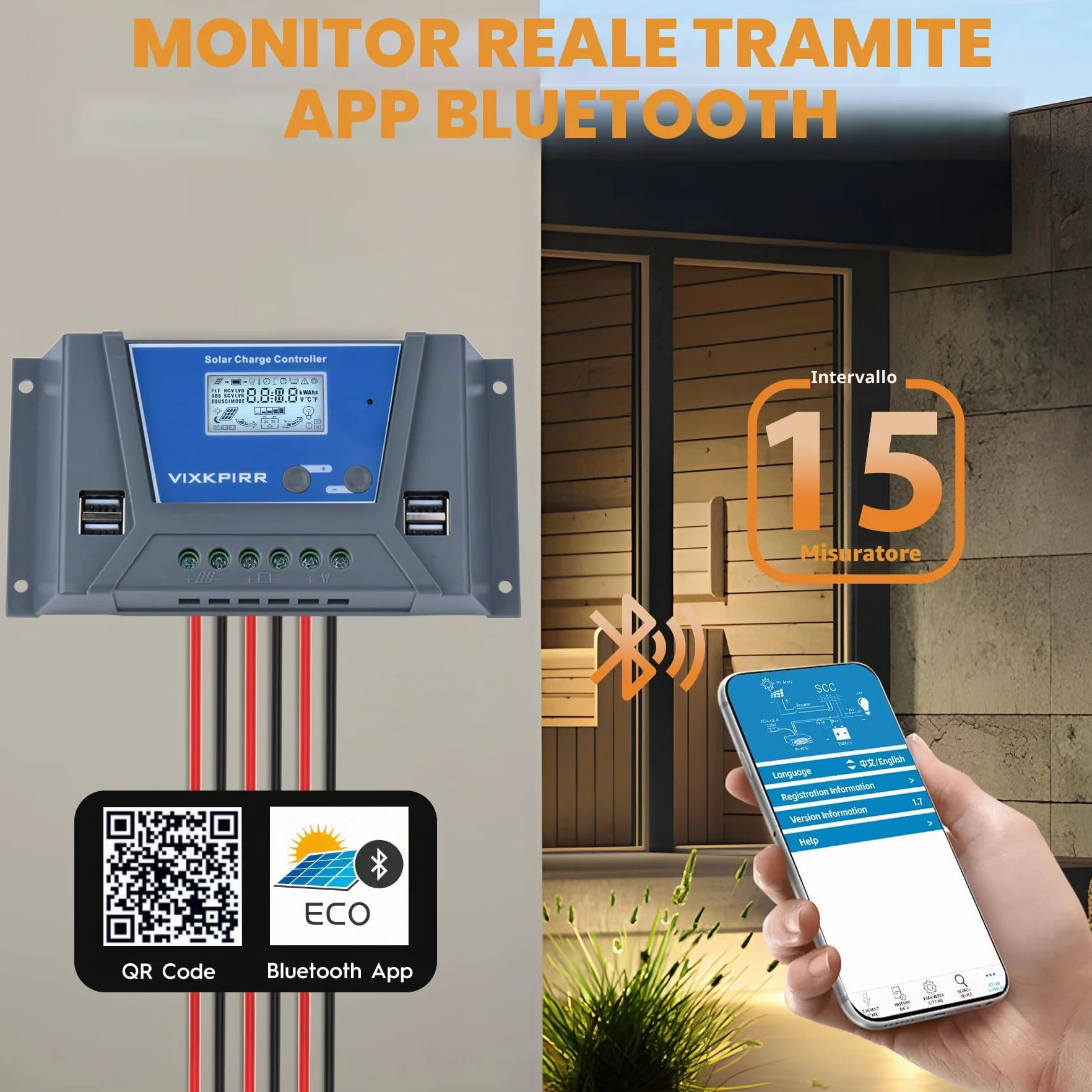 30A Regolatore di Carica Solare 12V 24V 36V 48V con Bluetooth, PWM 30A Regolatore di Carica Pannello Solare con Sensore Temperatura LCD Display Retroilluminato 4 porte USB, per Piombo e Litio Batterie
