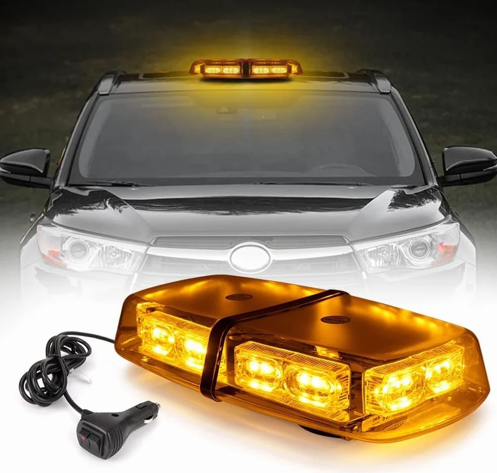 Mini Barra LED Stroboscopica Magnetica 36 LED Ambra 12V/24V, Luce di Emergenza con 7 Modalità Flash IP66 per Camion, Taxi, Veicoli da Cantiere e Sicurezza Stradale
