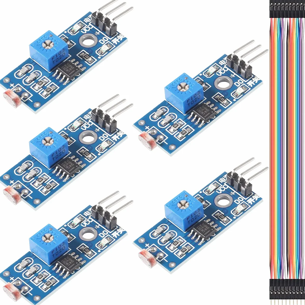 5 pz Modulo sensore fotosensibile 3 pin DC 3.3-5 V Modulo resistore fotosensibile per rilevamento dell'intensità della luce digitale con cavo DuPont per Arduino fai da te