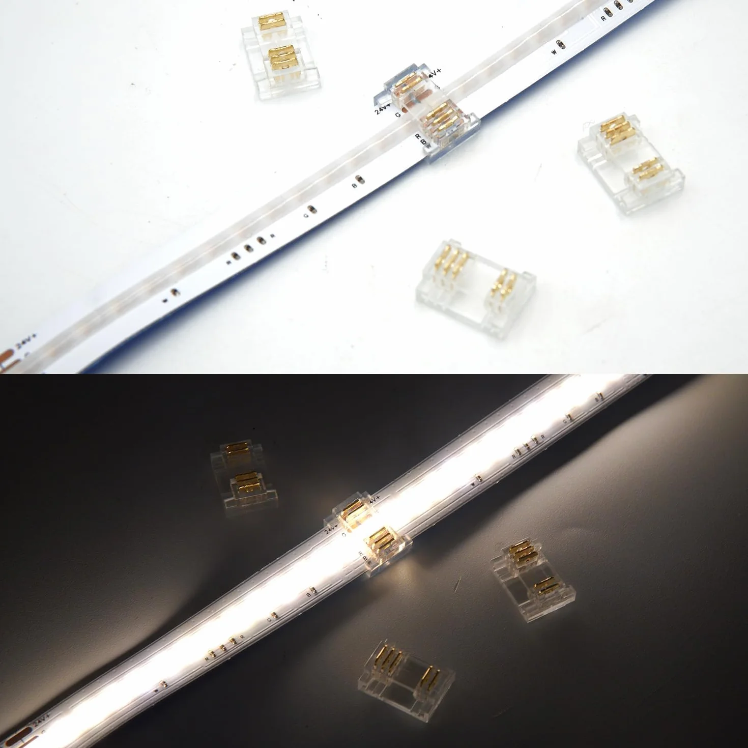 44pcs 5pin COB LED Strip Light Connector Kit 5-pin 12mm/0.47in connettore senza saldatura Gapless, connettore LED 4pcs + cavo per RGB COB LED Strip Lights