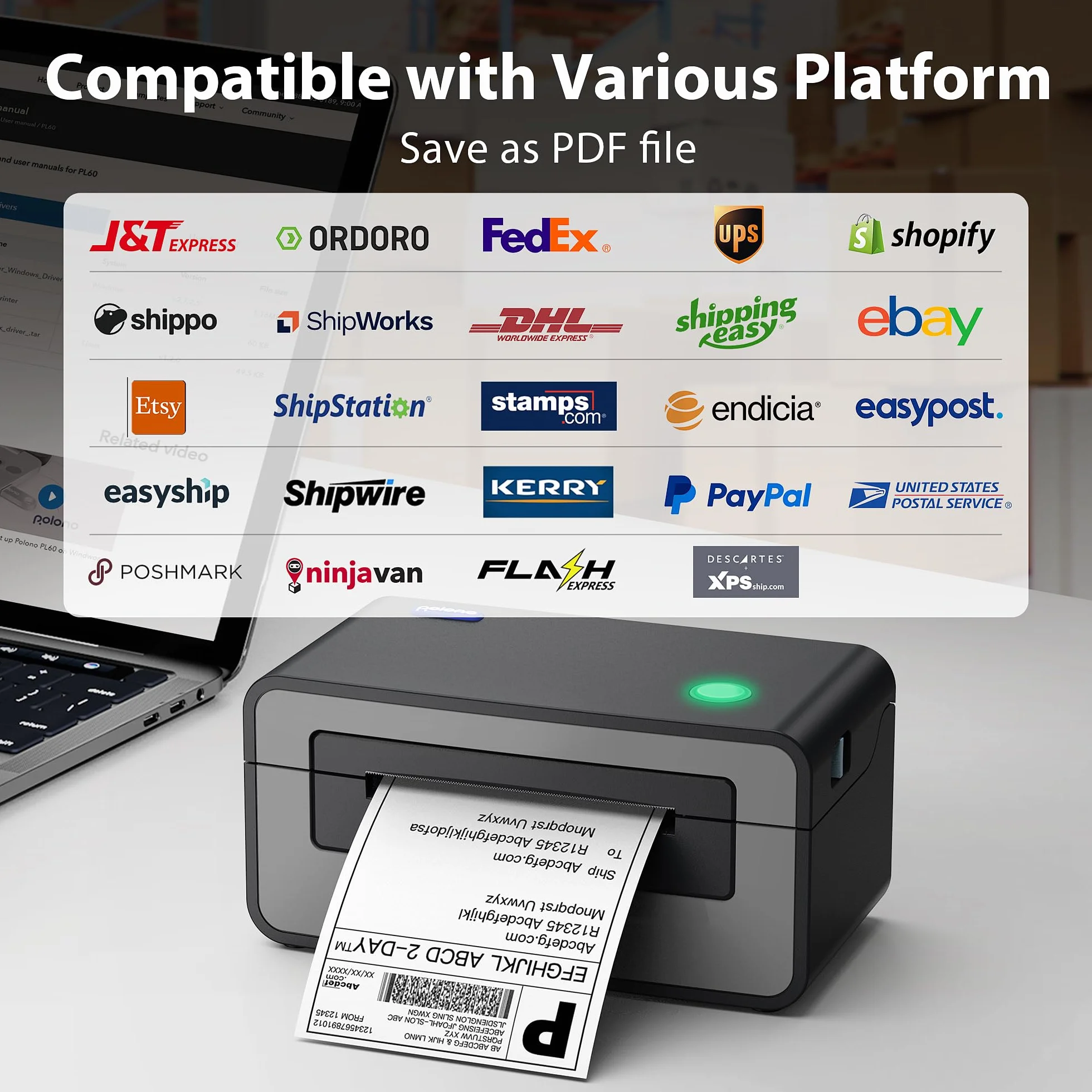 POLONO Stampante Etichette Spedizione, Stampante Termica Etichette 4x6, Etichettatrice Termica Diretta Commerciale, Compatibile con USPS, FedEx, Shopify, Ebay, Amazon, Supporta Molteplici Sistemi