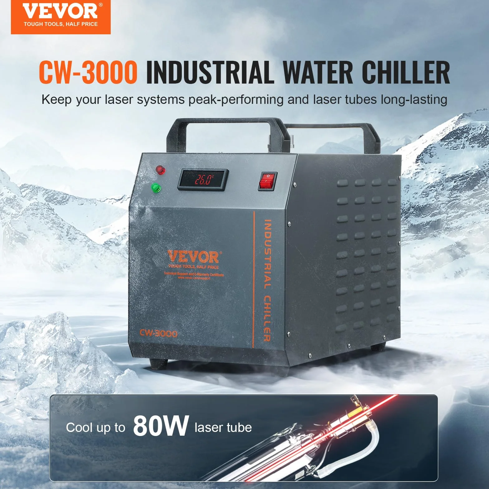 VEVOR Refrigeratore d'acqua industriale, CW-3000, sistema di raffreddamento aria acqua 80 W, capacità serbatoio dell'acqua di 12 litri, flusso massimo 12 l/min per macchina incisione laser