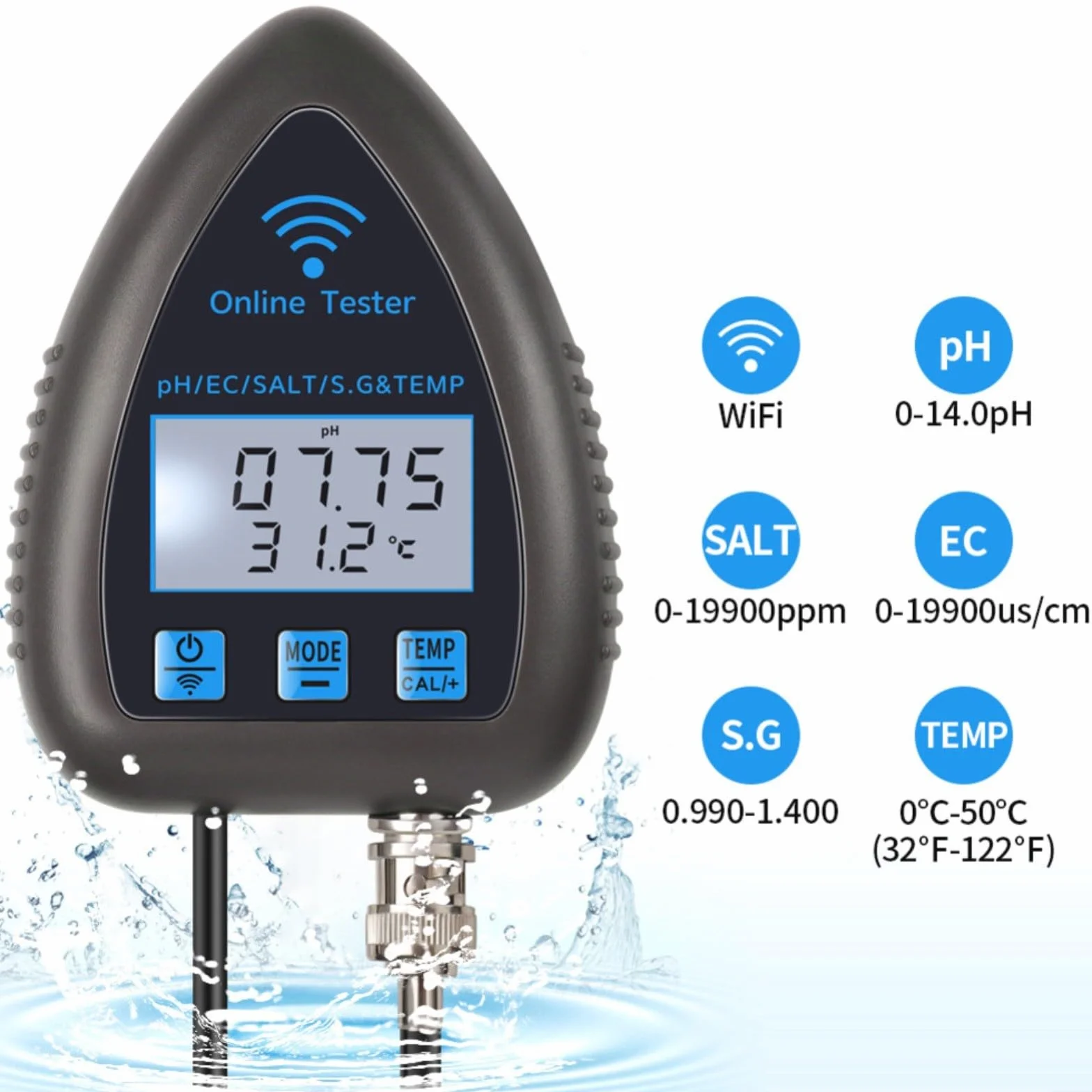 Per Tuya 5-in-1 WiFi PH Monitor e Tester di Qualità Dell'Acqua Con Salinità, Gravità Specifica, Sensori di Temperatura Per Acquari, Laghetti Di Pesci, Idroponica (WF9953)