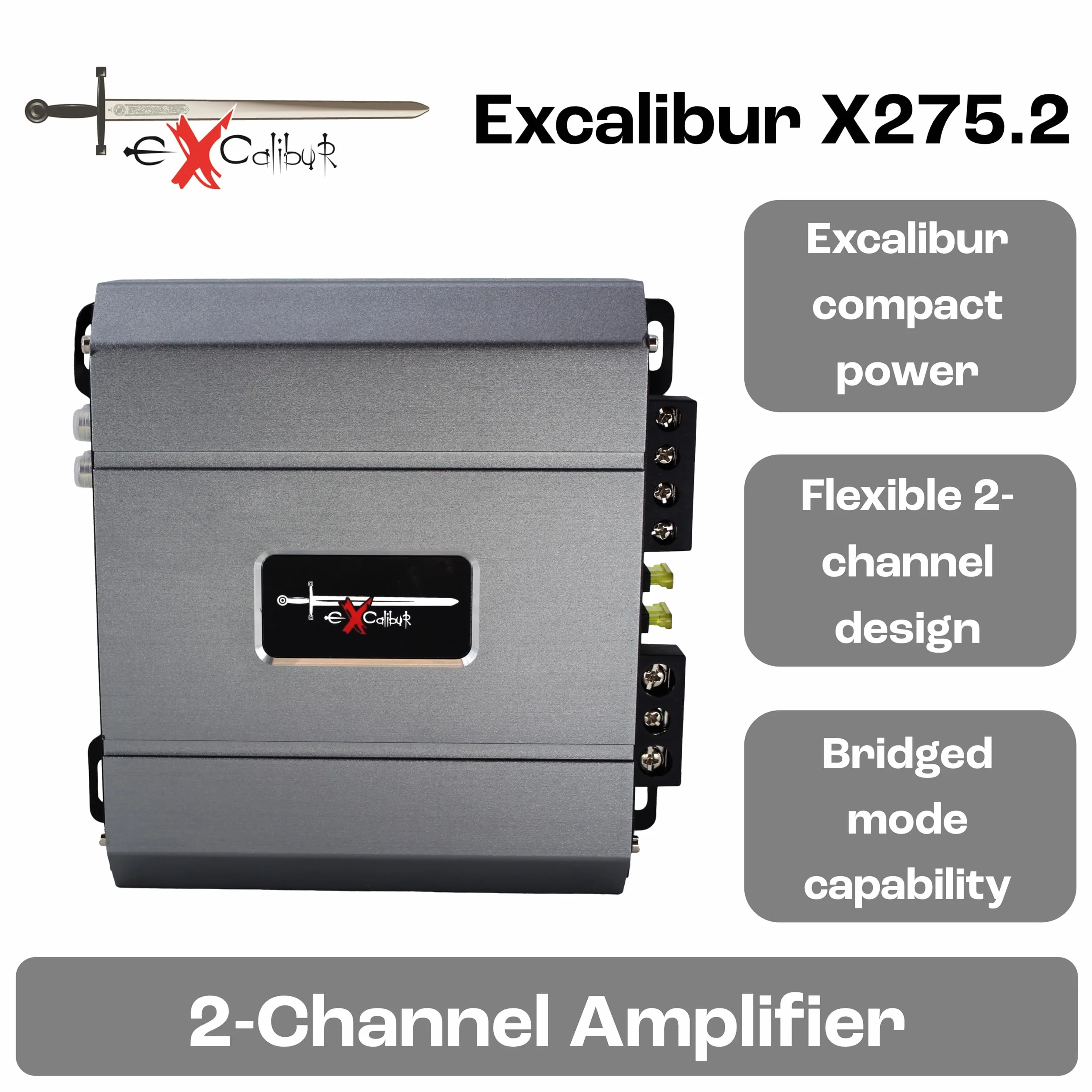 Excalibur X275.2 Amplificatore Audio Auto 2 Canali Stereo 2x650W con Bass-Boost 12 dB, Amplificatore Auto Subwoofer 1300W in modalità Bridge, Sub Sonic 10-50Hz e Low Pass Filter 50-200Hz, Serie 2025