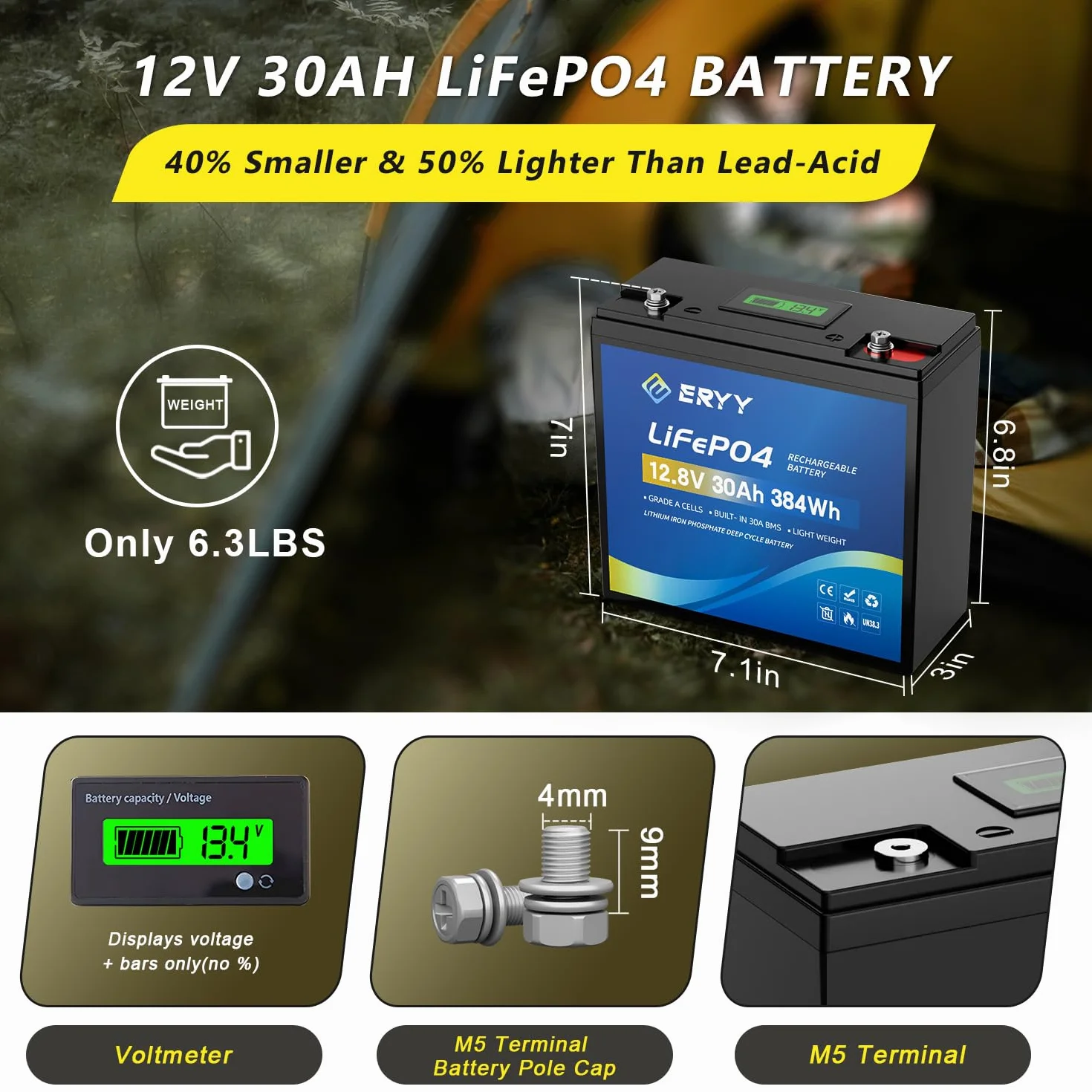 Batteria LiFePO4 12V 30Ah, Batteria al Litio con 5000+ Cicli e BMS 30A, Batterie Ricaricabile Leggera per Camper, Attrezzatura da Campeggio,Motori per Pesca,Accumulo Solare/Domestico,Ecoscandagli