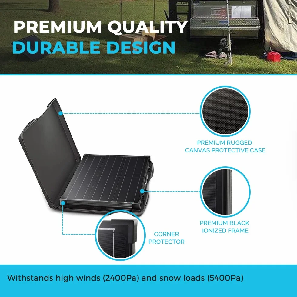 Renogy Pannello portatile da 100 Watt, 12 Volt, con caricatore impermeabile da 20 A, pieghevole, valigia solare da 100 W con cavalletto regolabile per centrale elettrica, pannello-20A, nero