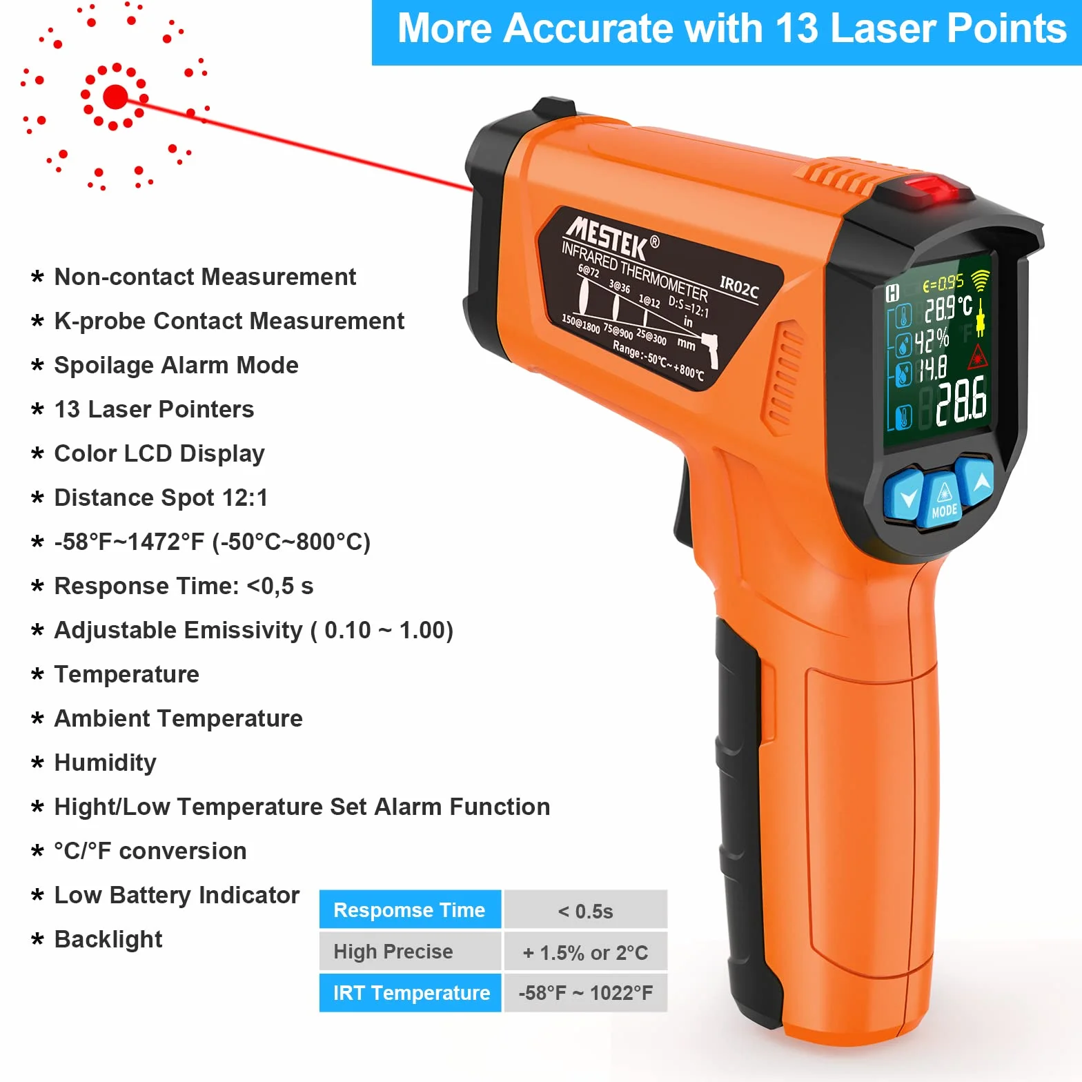 Termometro a Infrarossi MESTEK Digitale Laser Pirometro -50°C~800°C con K-Probe Senza Contatto LCD a Colori
