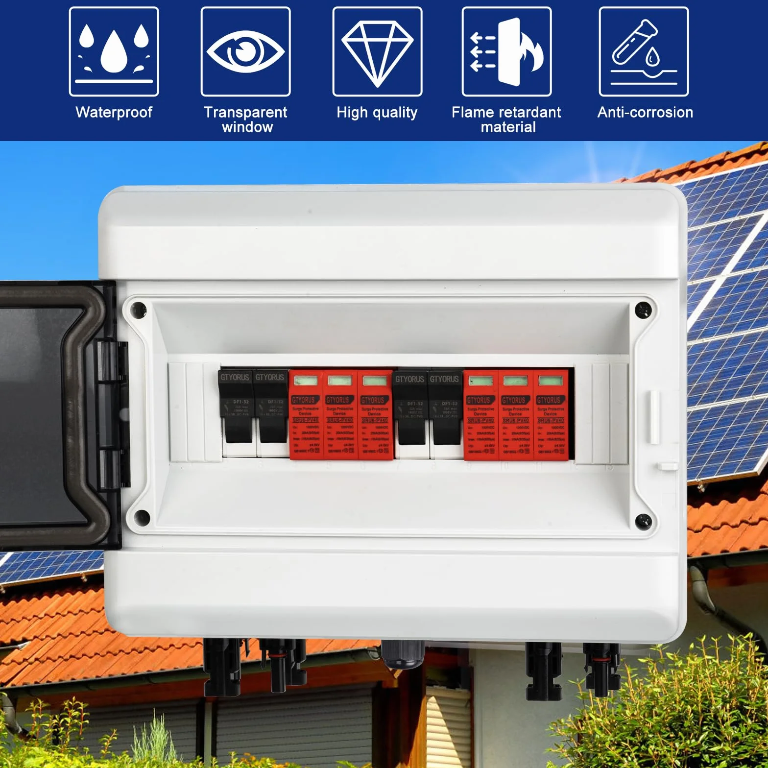Scatola di Giunzione Solare Fotovoltaica, IP65 Scatola di Fusibili 3P DC 1000V 32A con Protezione Dalle Sovratensioni, 2 Stringhe di 13 Moduli (2 in 2 uscita)