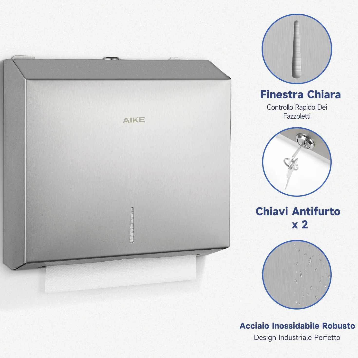 AIKE In Acciaio Inox Dispenser Carta Asciugamani 250 Fogli Montato A Parete per H2 & Z-Fold 27 x 10 cm