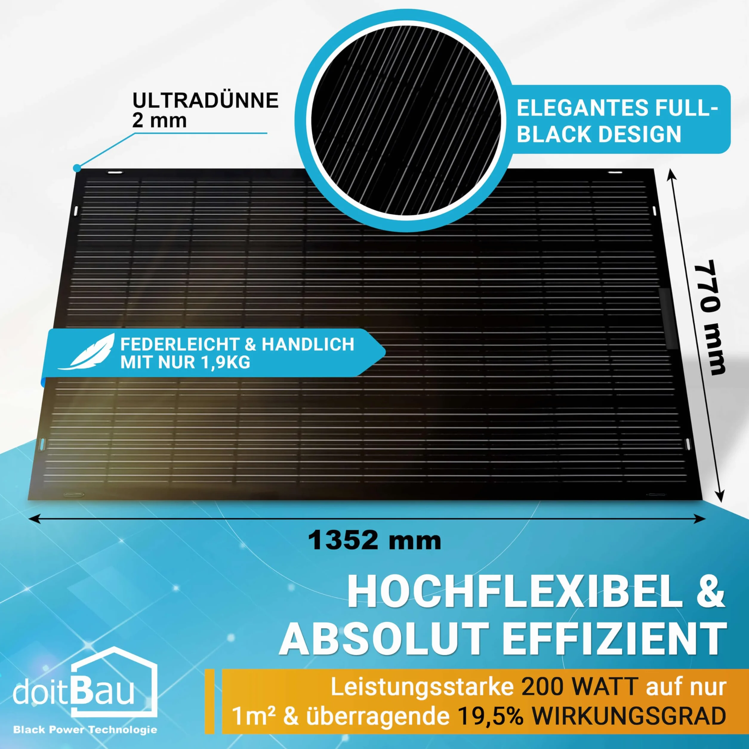 doitBau Modulo solare flessibile 200 W Full-Black - ultra sottile 2 mm, 1,9 kg - 1352 × 770 mm per camper, barca, balcone e tetto