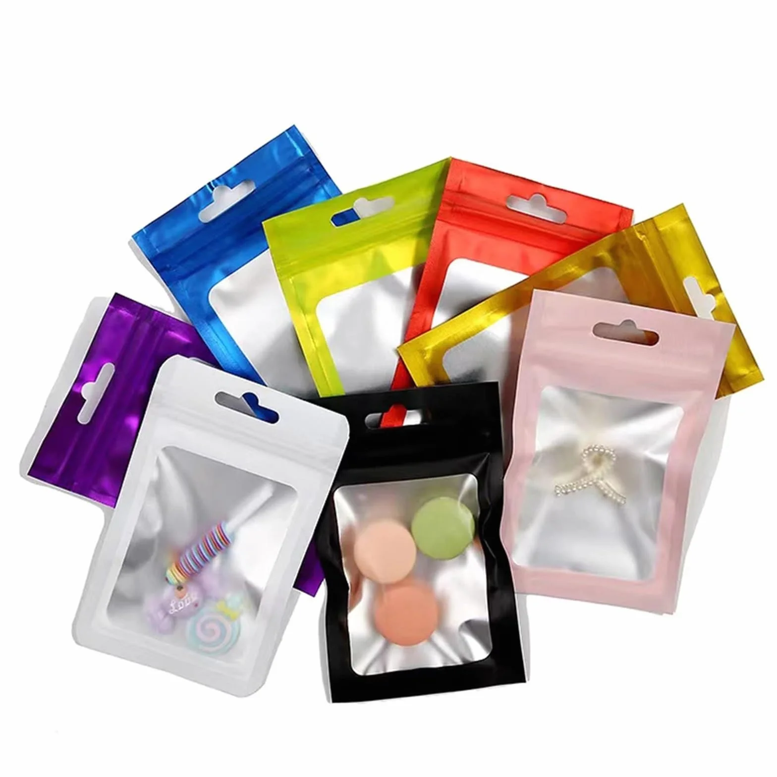 Sacchetti Ziplock, 100 pezzi Zip Lock Sacchetto di alluminio colorato con foro for appendere Finestra trasparente opaca Chiusura lampo autoadesiva Tacca a strappo Confezione alimentare riutilizzabile(