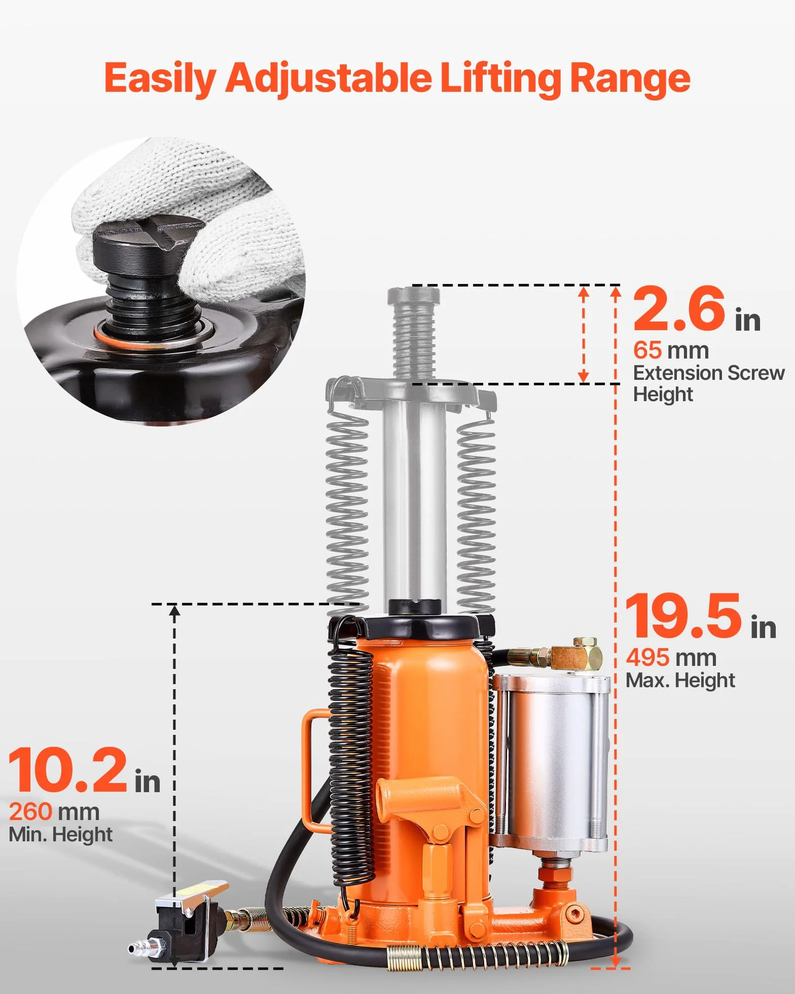 VEVOR Sollevatore a Bastone da Pavimento Capacità 20 t, Intervallo di Sollevamento 260-495 mm, Cric a Bottiglia Saldato per Impieghi Gravosi Pneumatico o Manuale con Pompa per SUV, Camion, Camper